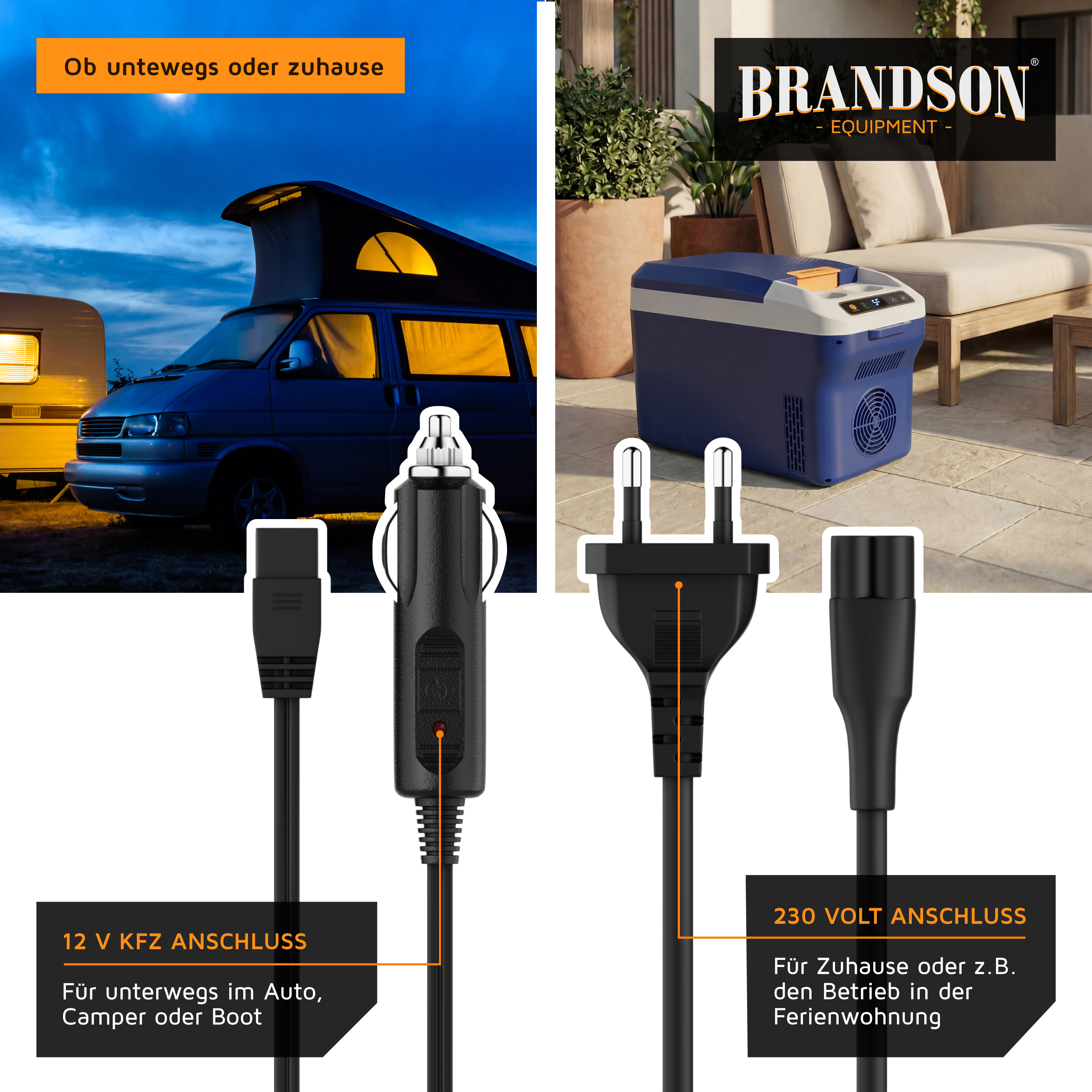 Brandson elektrische Kühlbox mit 12 V KFZ-Anschluss und 230 V Anschluss, geeignet für Auto und Zuhause, in blau mit Bedienfeld.