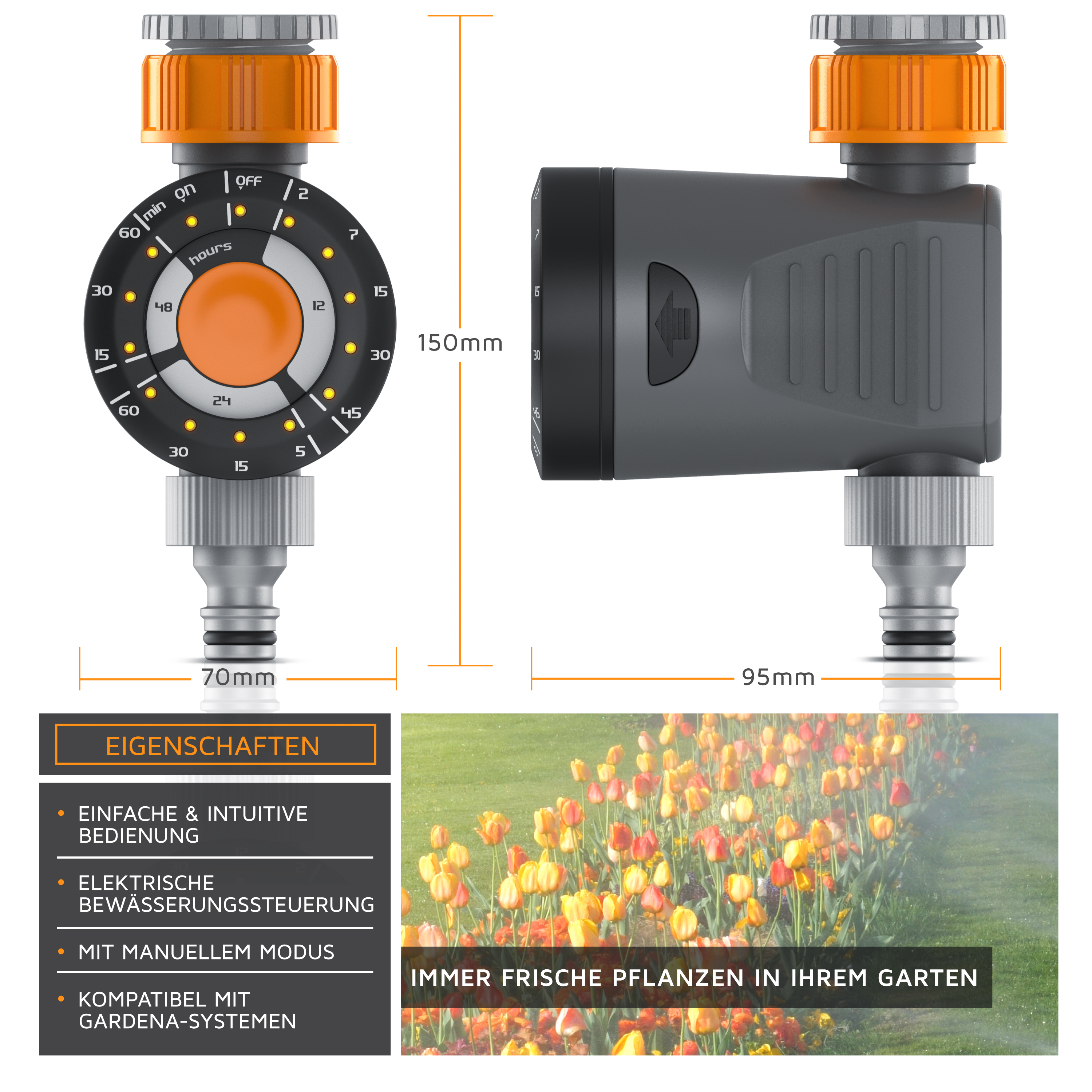 Brandson Bewässerungssteuerung mit intuitivem Bedienfeld, orangefarbenem Drehknopf und grauem Gehäuse, geeignet für Gardena-Systeme.