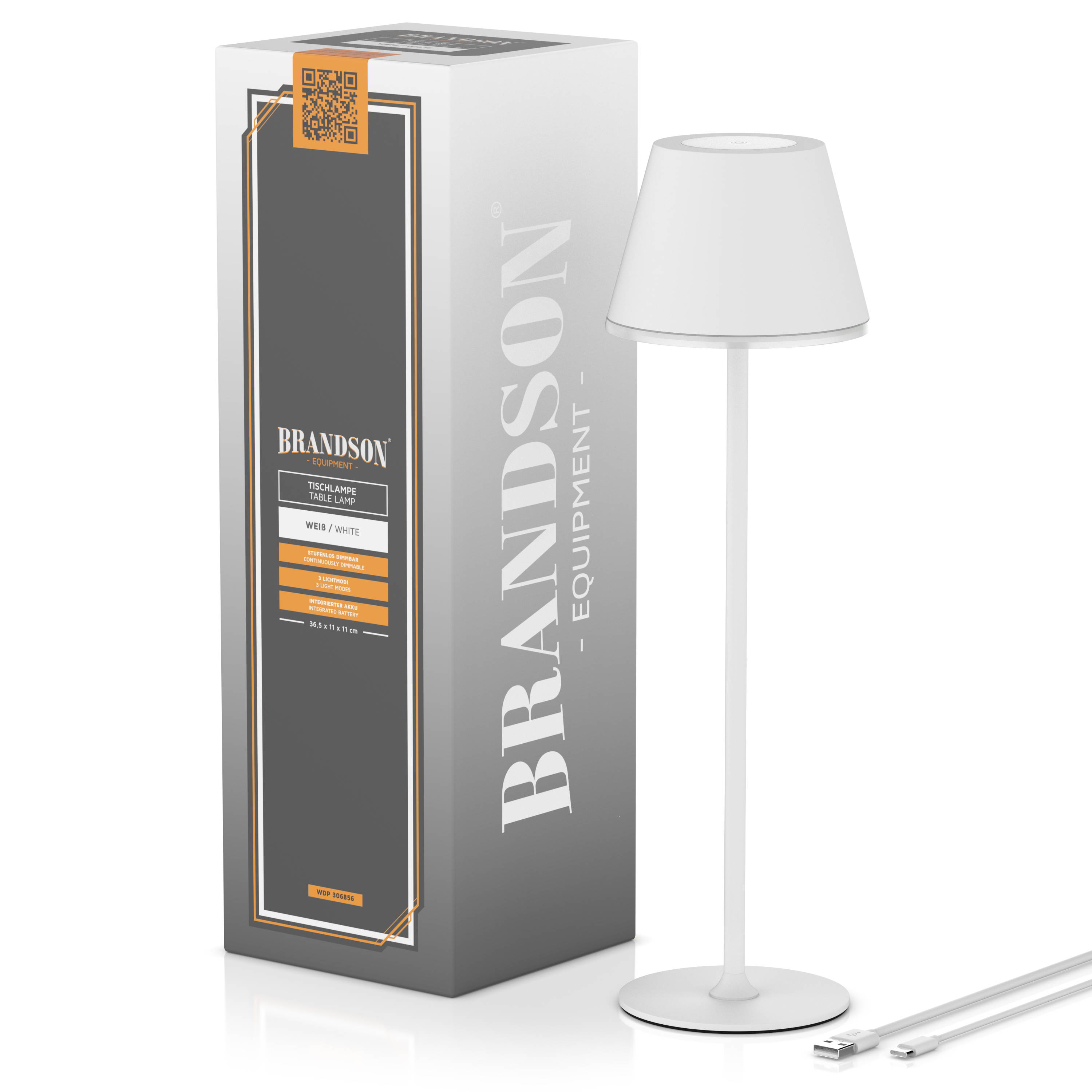 Brandson Tischlampe in Weiß mit schlanker Bauform, runder Basis und USB-Kabel, verpackt in einer stilvollen Box.