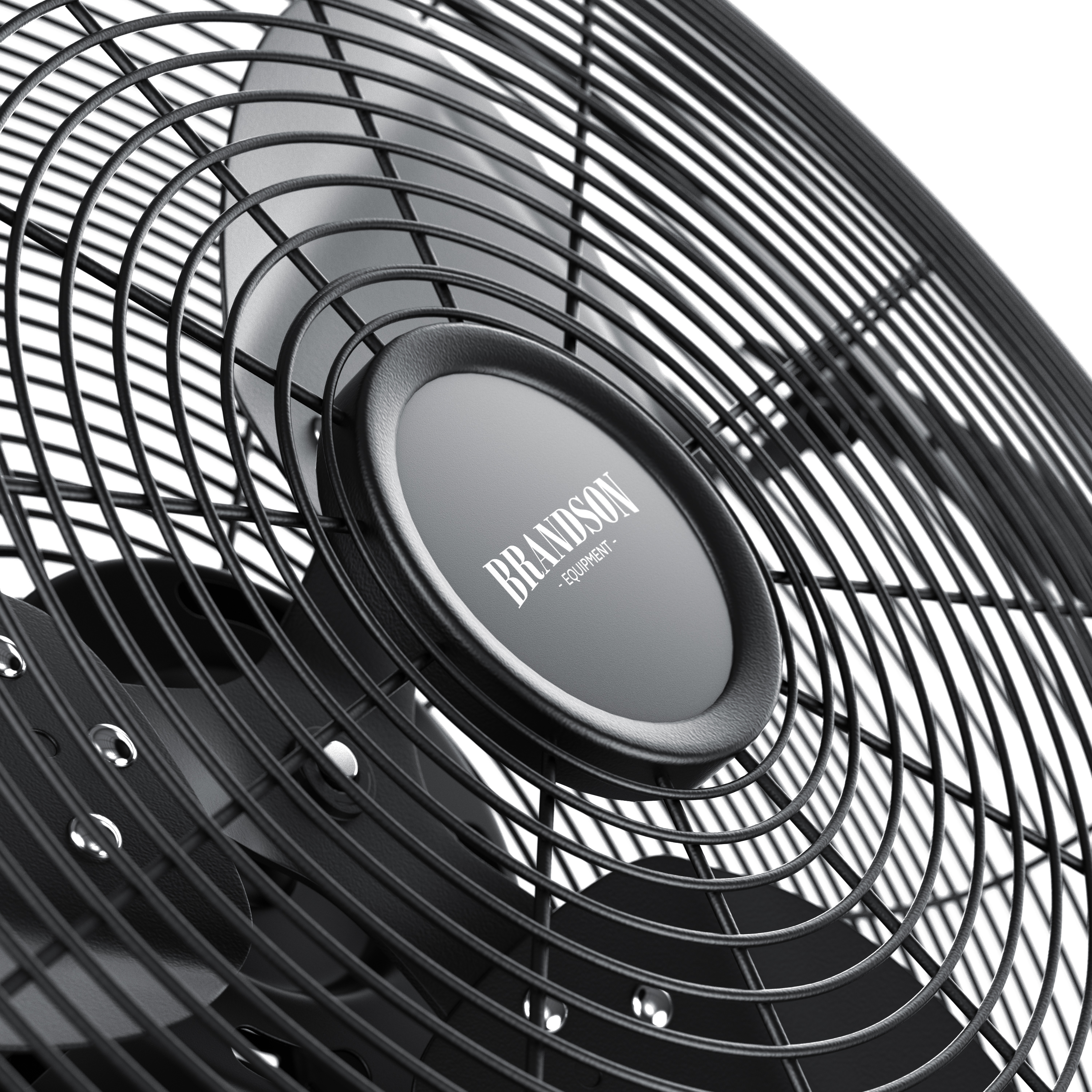 Brandson Standventilator mit schwarzem Metallgitter und zentralem Logo, zeigt die Rotorblätter und das robuste Design.