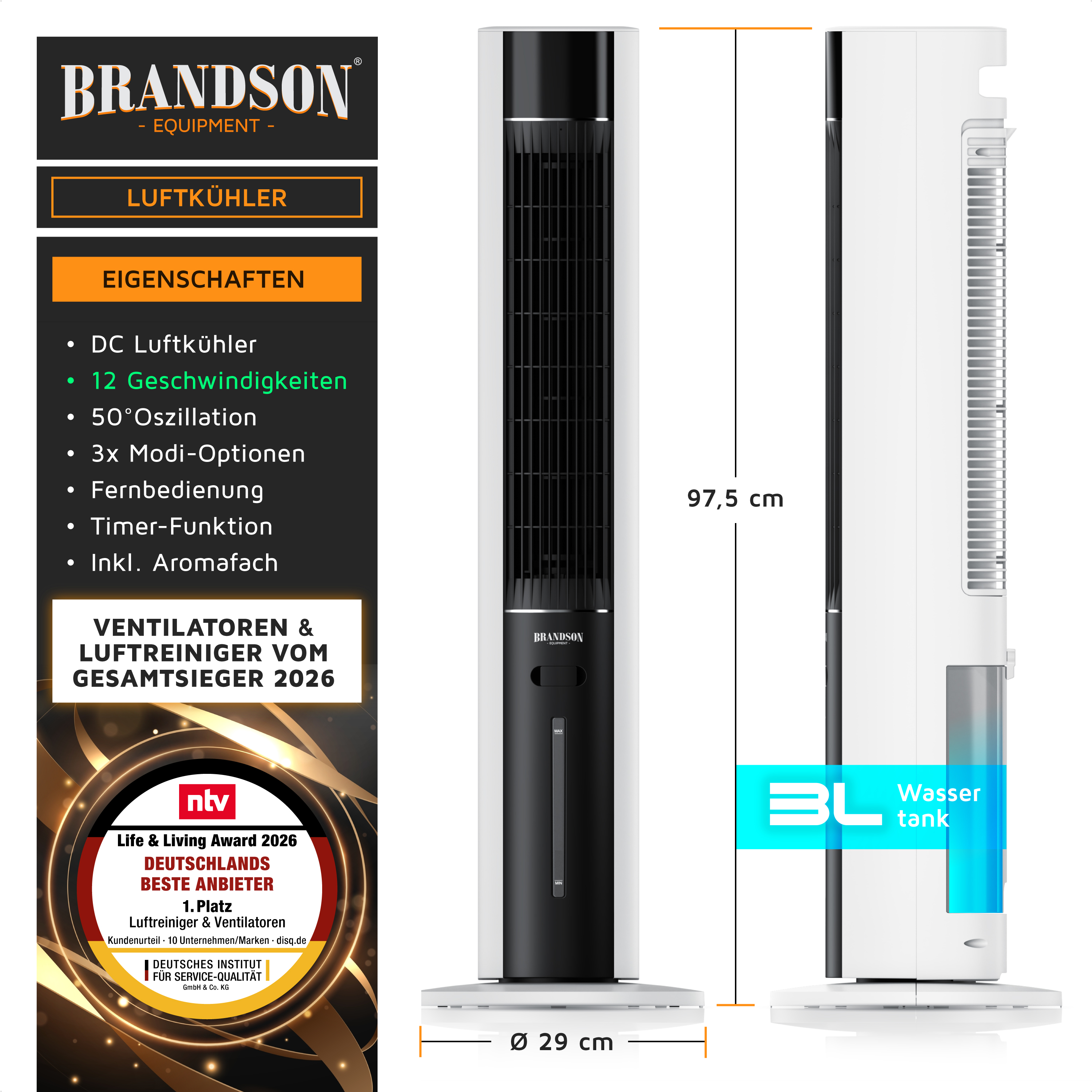 Brandson Luftkühler in schlanker Bauform, schwarz und weiß, mit Fernbedienung, Timer-Funktion und Aromafach, 97,5 cm hoch.