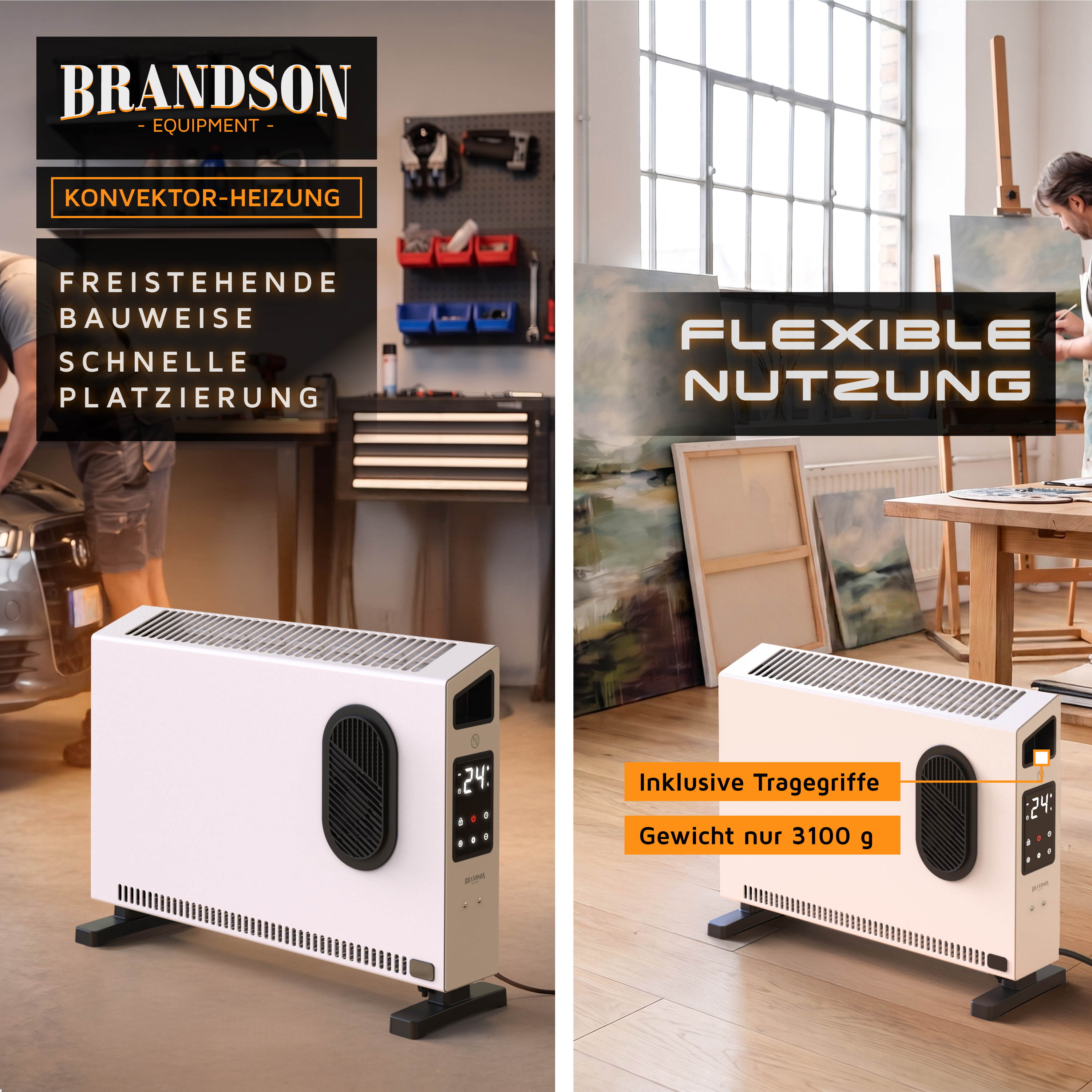 Konvektionsheizgerät von Brandson in weißem, rechteckigem Design mit schwarzen Füßen, seitlichem Bedienfeld und Digitalanzeige, dargestellt in zwei verschiedenen Inneneinstellungen.