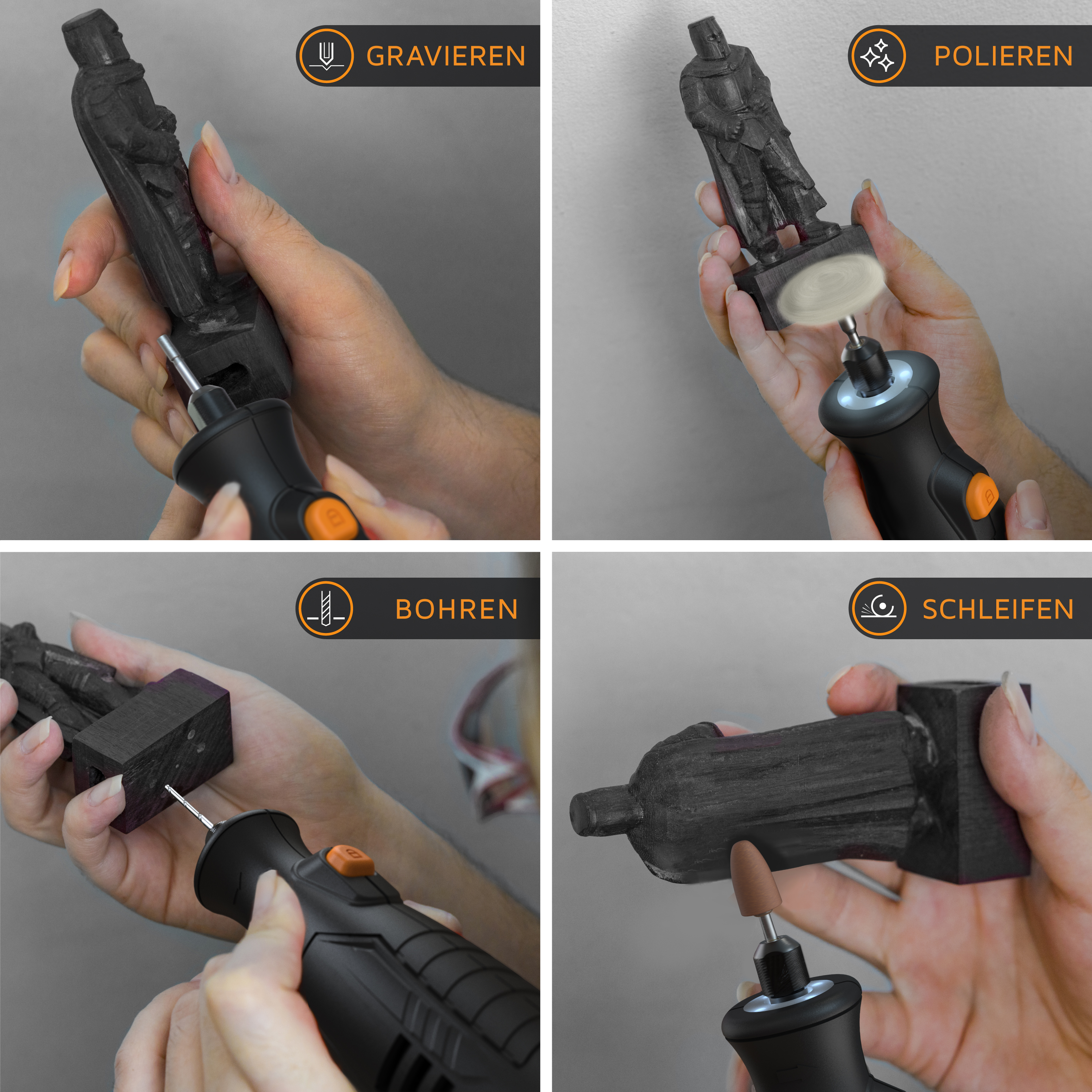 Brandson Multifunktionswerkzeug mit verschiedenen Aufsätzen zum Gravieren, Polieren, Bohren und Schleifen, ergonomisches Design, schwarz.