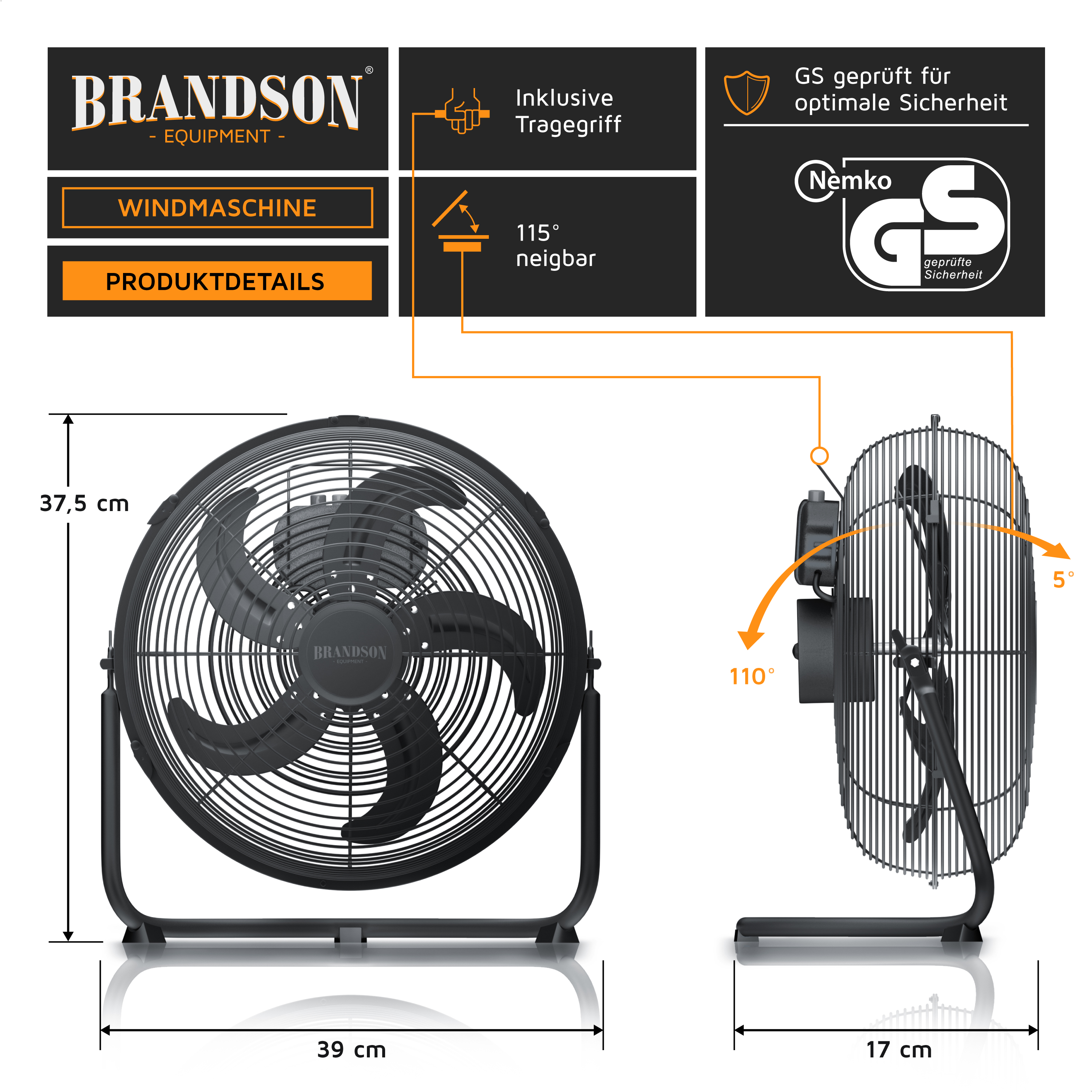 Windmaschine von Brandson mit schwarzem Metallrahmen, 115° verstellbarer Neigung und Tragegriff für einfachen Transport.