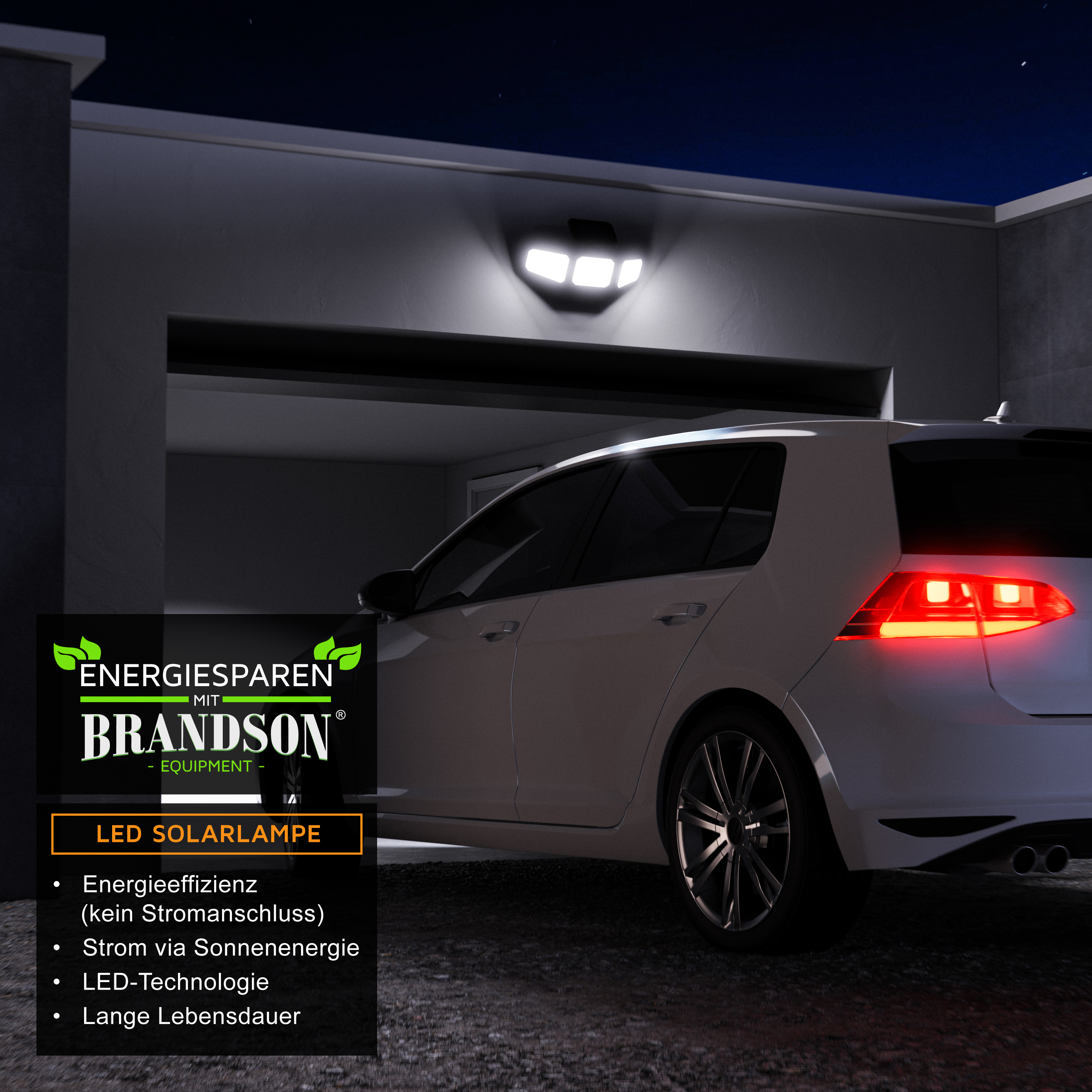 An einer Wand montierte LED-Solarlampe von Brandson beleuchtet eine Einfahrt mit einem in der Nähe geparkten weißen Auto und demonstriert Energieeffizienz und modernes Design.