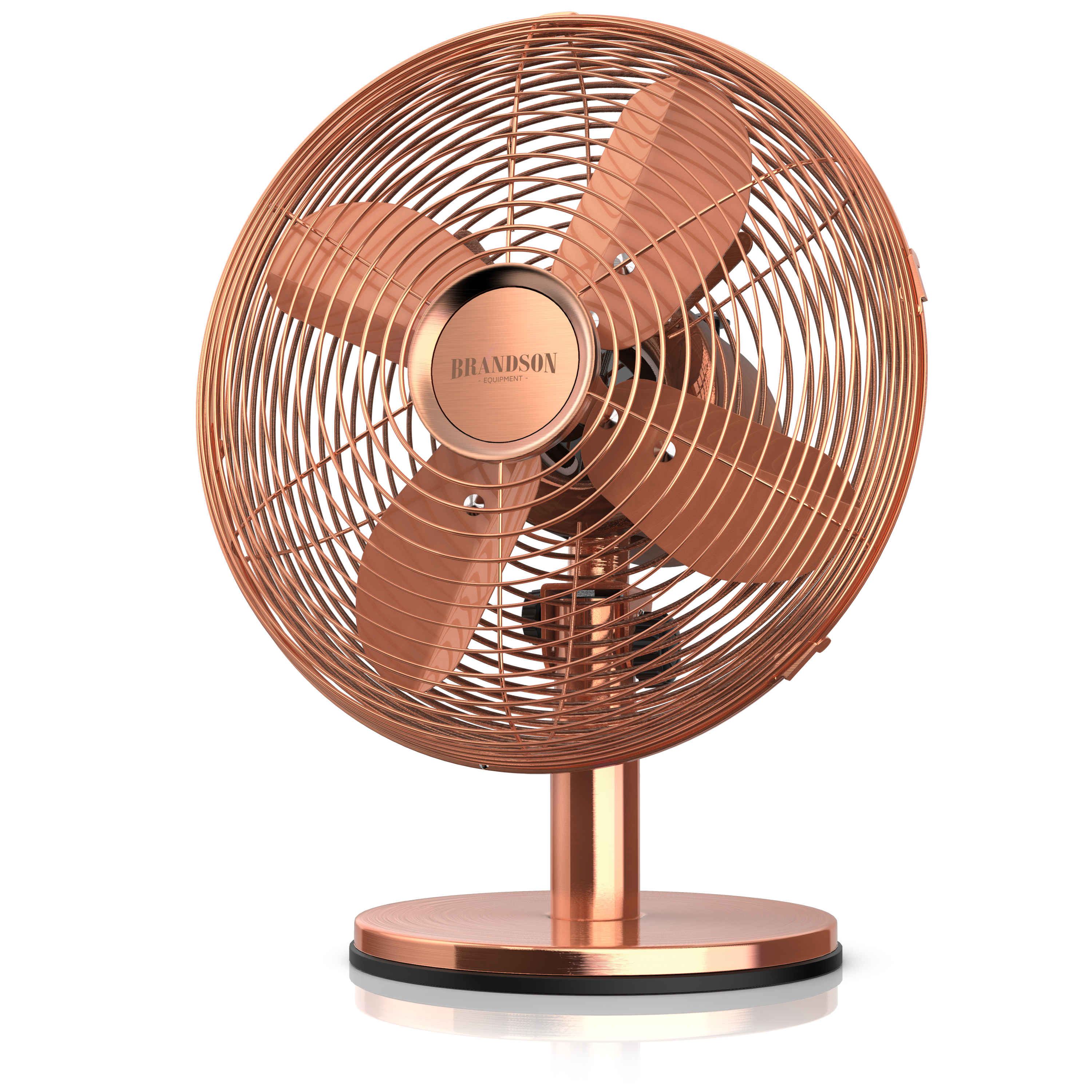 Brandson Standventilator in Kupfer mit runder Basis, Metallgitter und vier Blättern, ideal für den Einsatz in Wohnräumen.