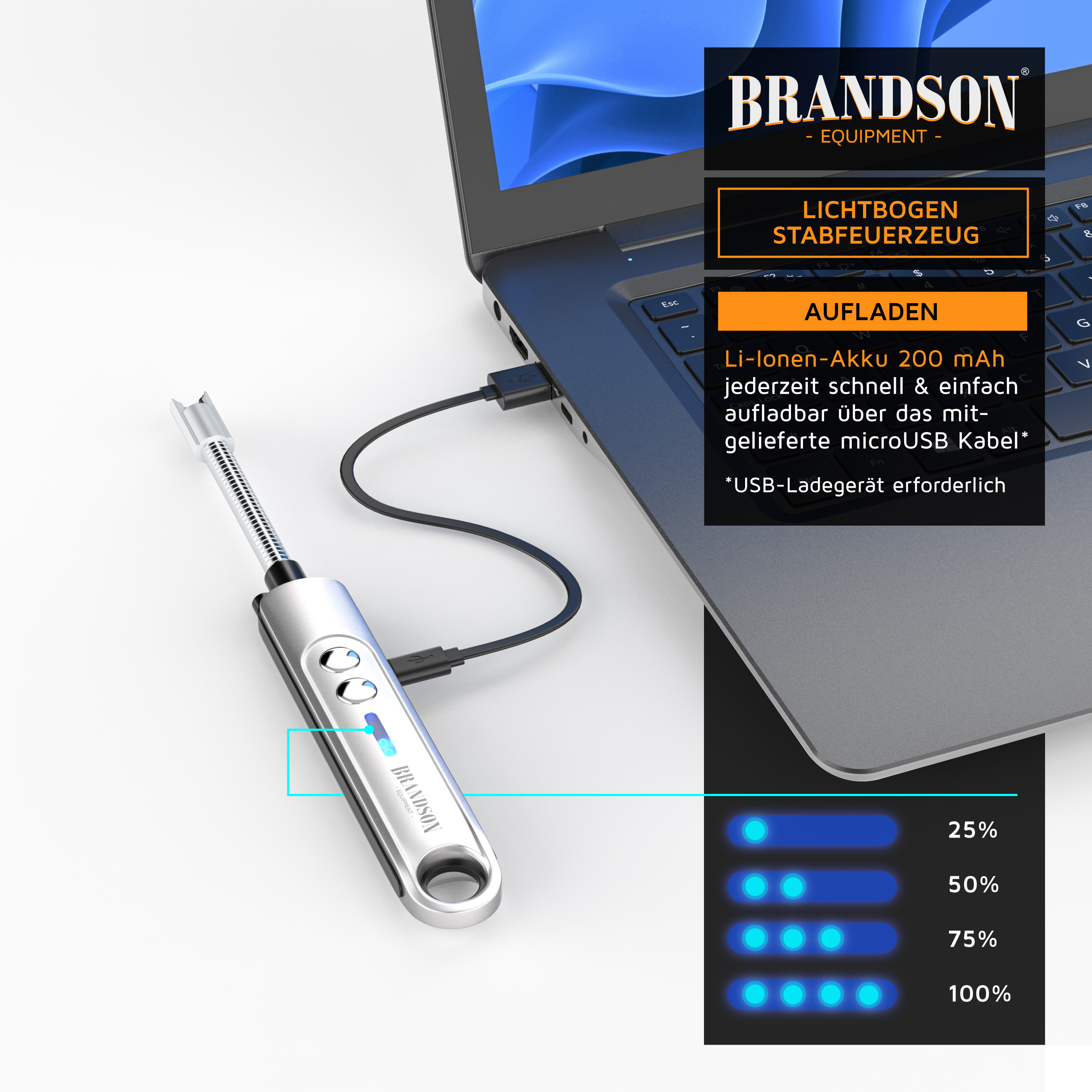 Brandson Lichtbogen-Stabfeuerzeug in Silber, mit USB-Anschluss und Ladeanzeige, auf einem Laptop platziert.