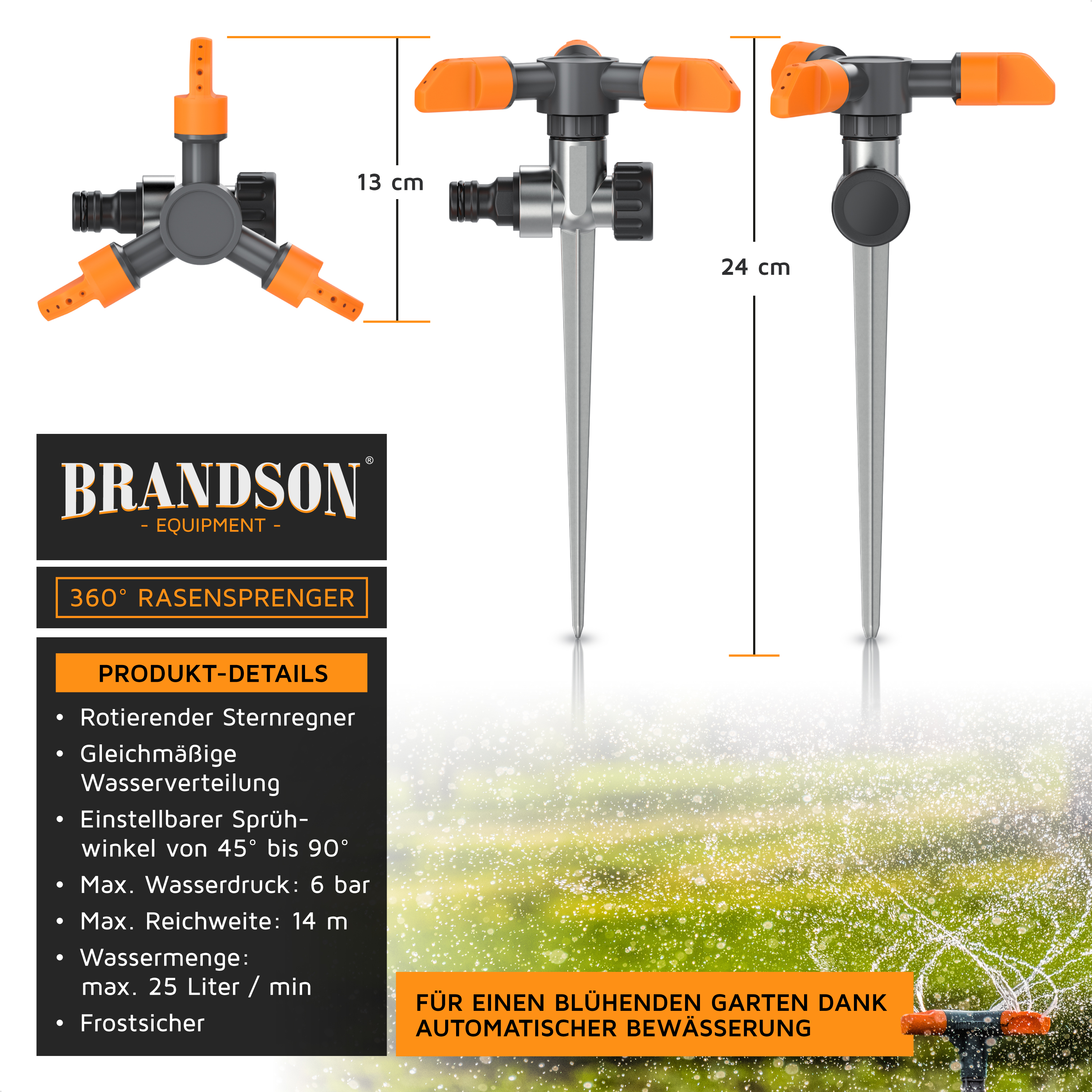 360°-Rasensprinkler von Brandson mit verstellbarem Sprühwinkel, orange-grauem Design und stabilem Erdspieß für sichere Platzierung.