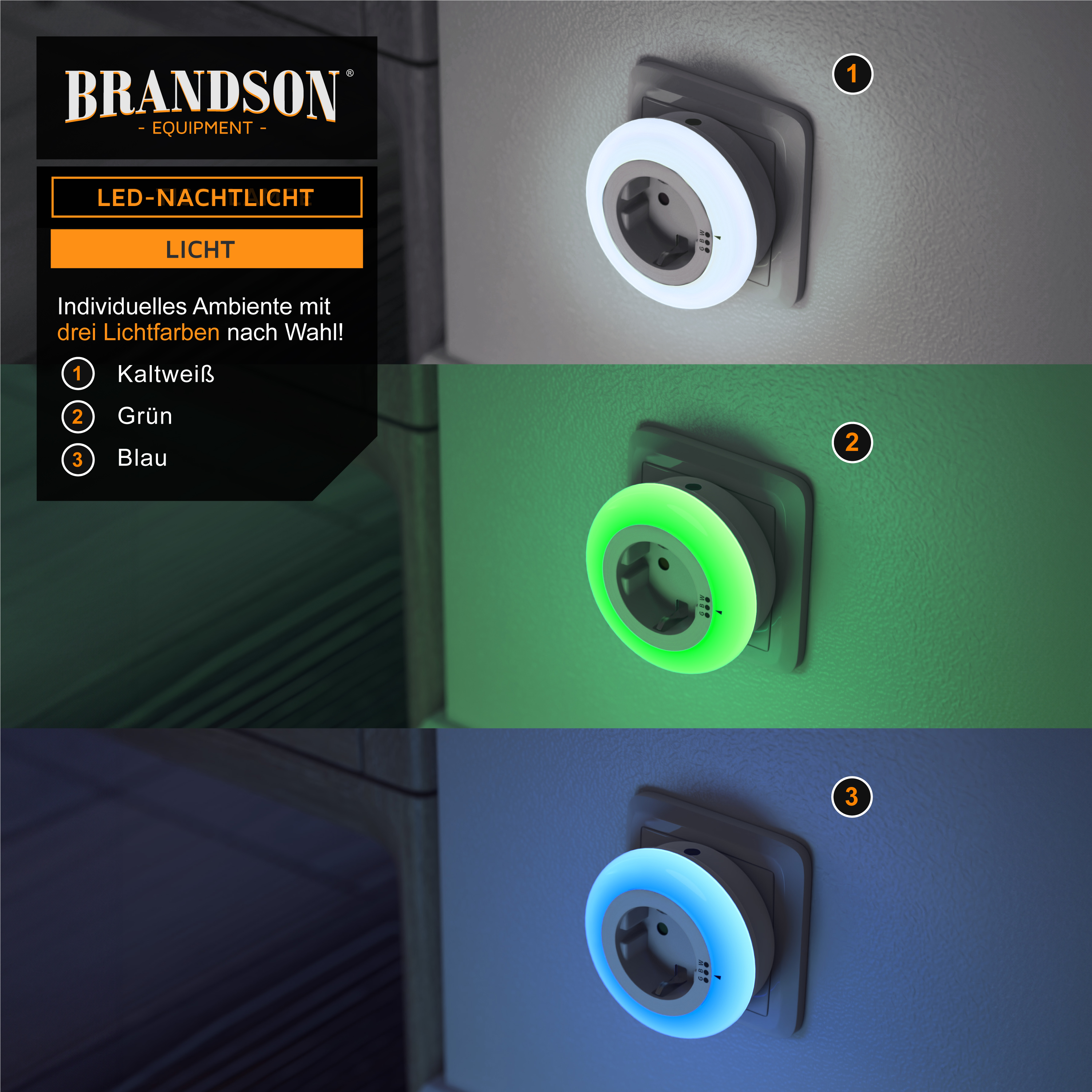 Brandson LED-Nachtlicht mit drei Farboptionen: Kaltweiß, Grün und Blau, montiert an einer Wandsteckdose.