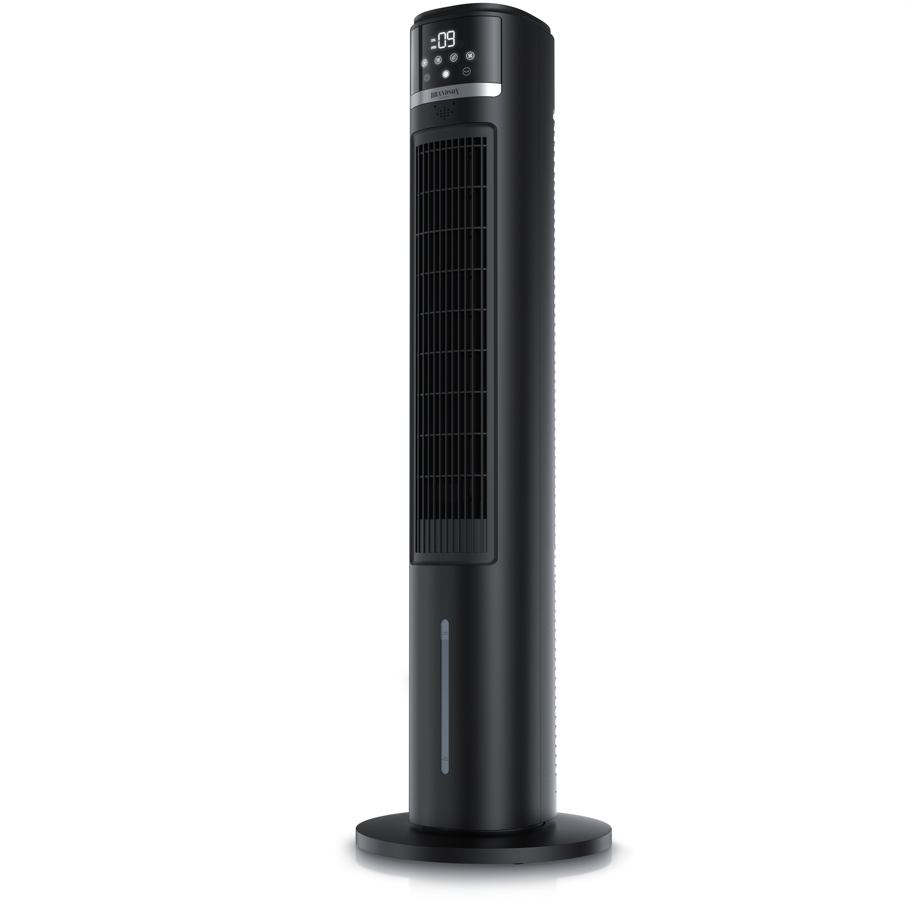 Brandson Turmventilator in Schwarz mit digitalem Display und Bedienfeld, auf runder Basis montiert, schlankes Design.