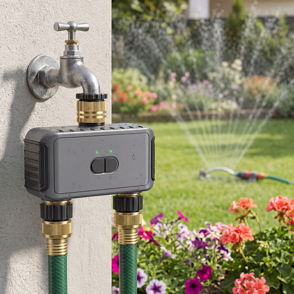 Brandson Bewässerungssteuerung mit grauem Gehäuse, zwei Anschlüssen und einem Bedienfeld, montiert an einem Wasserhahn im Garten.