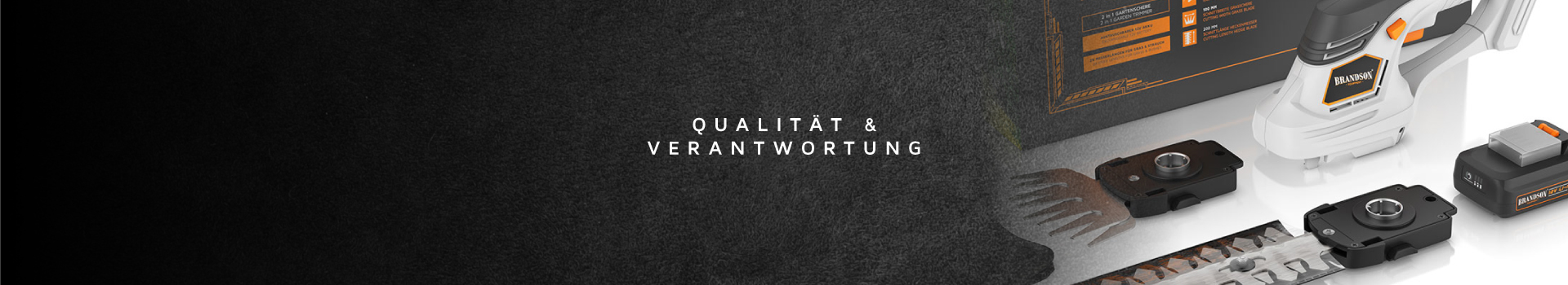 Zubehör von Brandson, darunter ein Akku, Klingen und ein Werkzeug mit ergonomischem Design und sichtbarem Markenlogo.