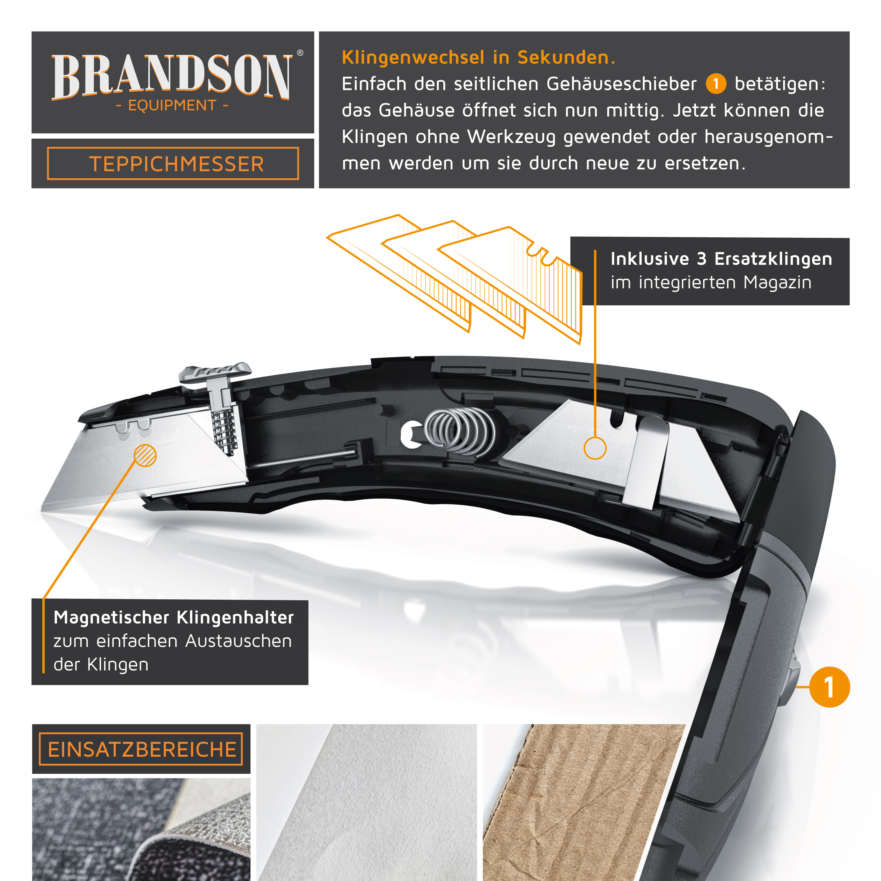 Brandson Teppichmesser mit magnetischem Klingenhalter und integriertem Magazin für drei Ersatzklingen, ideal für präzise Schneidarbeiten.