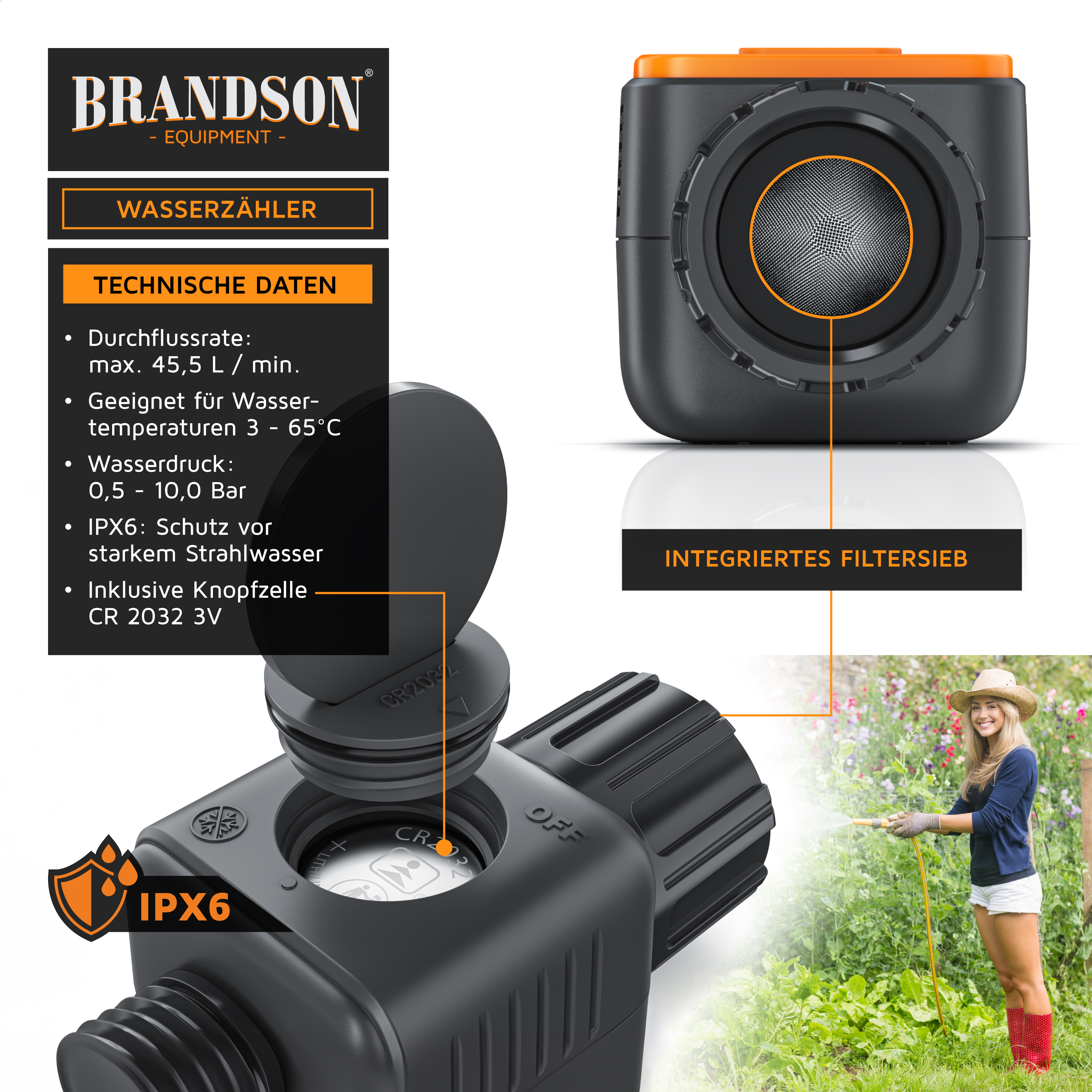 Brandson Wasserzähler in Schwarz mit integriertem Filtersieb, IPX6-Schutz und Bedienfeld für einfache Nutzung im Garten.
