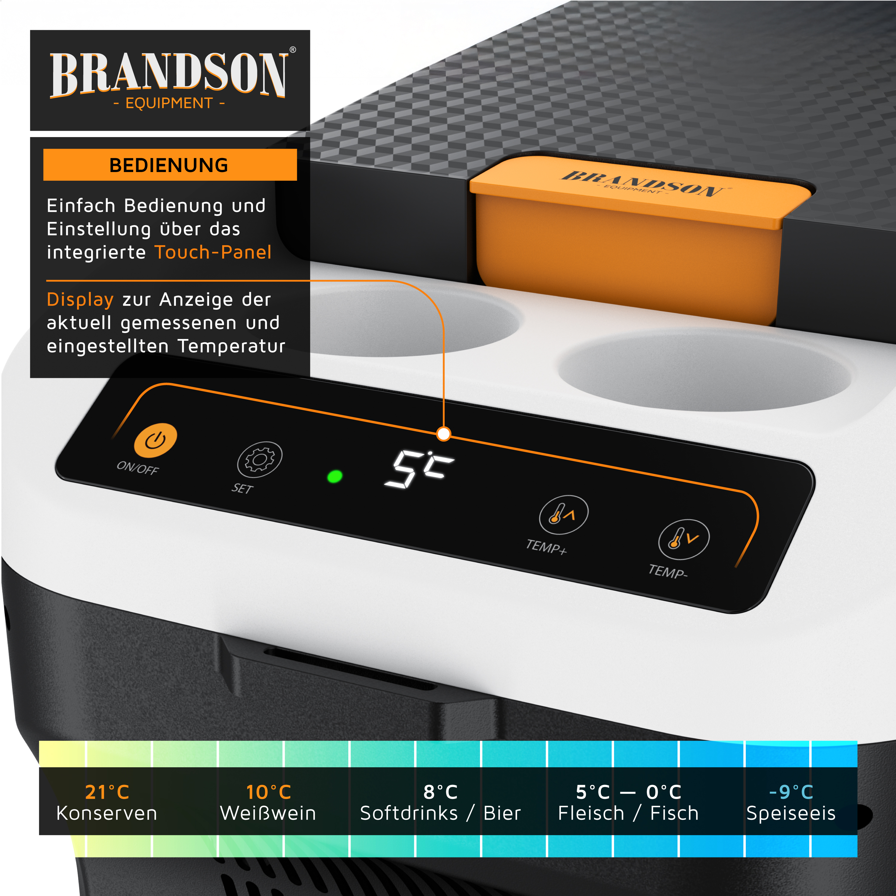 Brandson elektrischer Kühlbox mit Touch-Panel, Display zur Temperaturanzeige und orangefarbenem Zubehörfach auf der Oberseite.