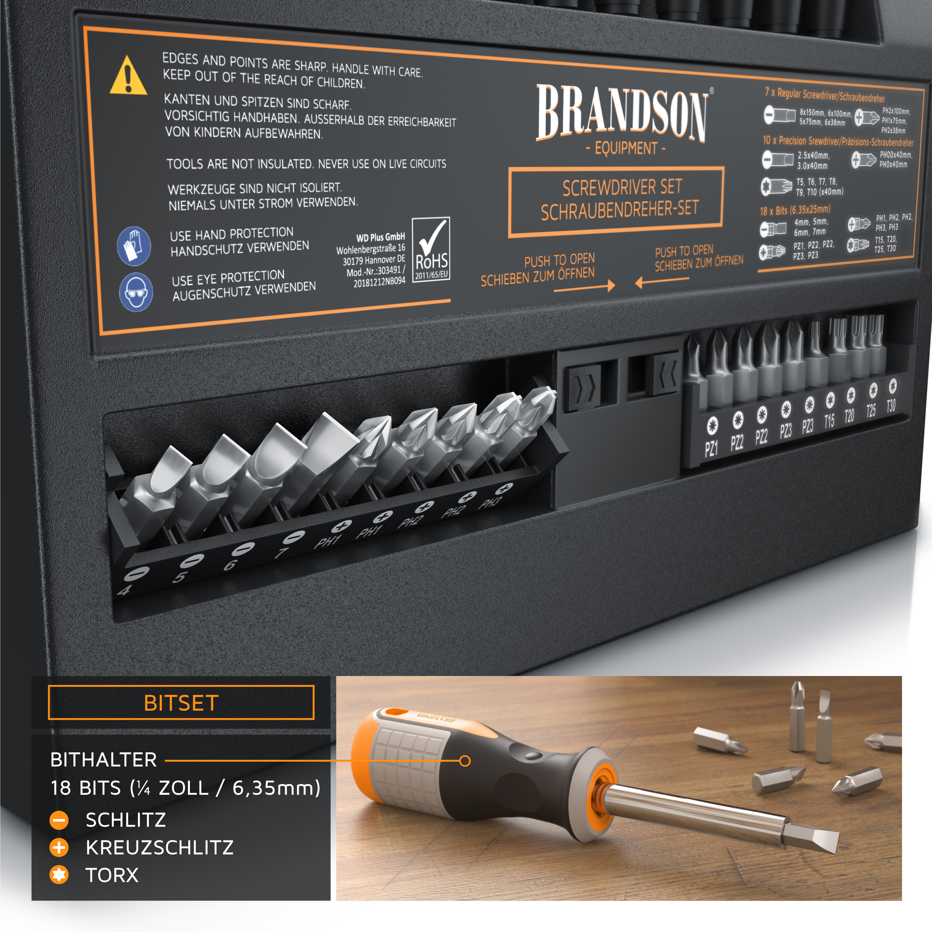 Brandson-Schraubendreher-Set mit 18 Bits, darunter Schlitz-, Phillips- und Torx-Bits, mit stabilem Koffer und ergonomischem Griff.