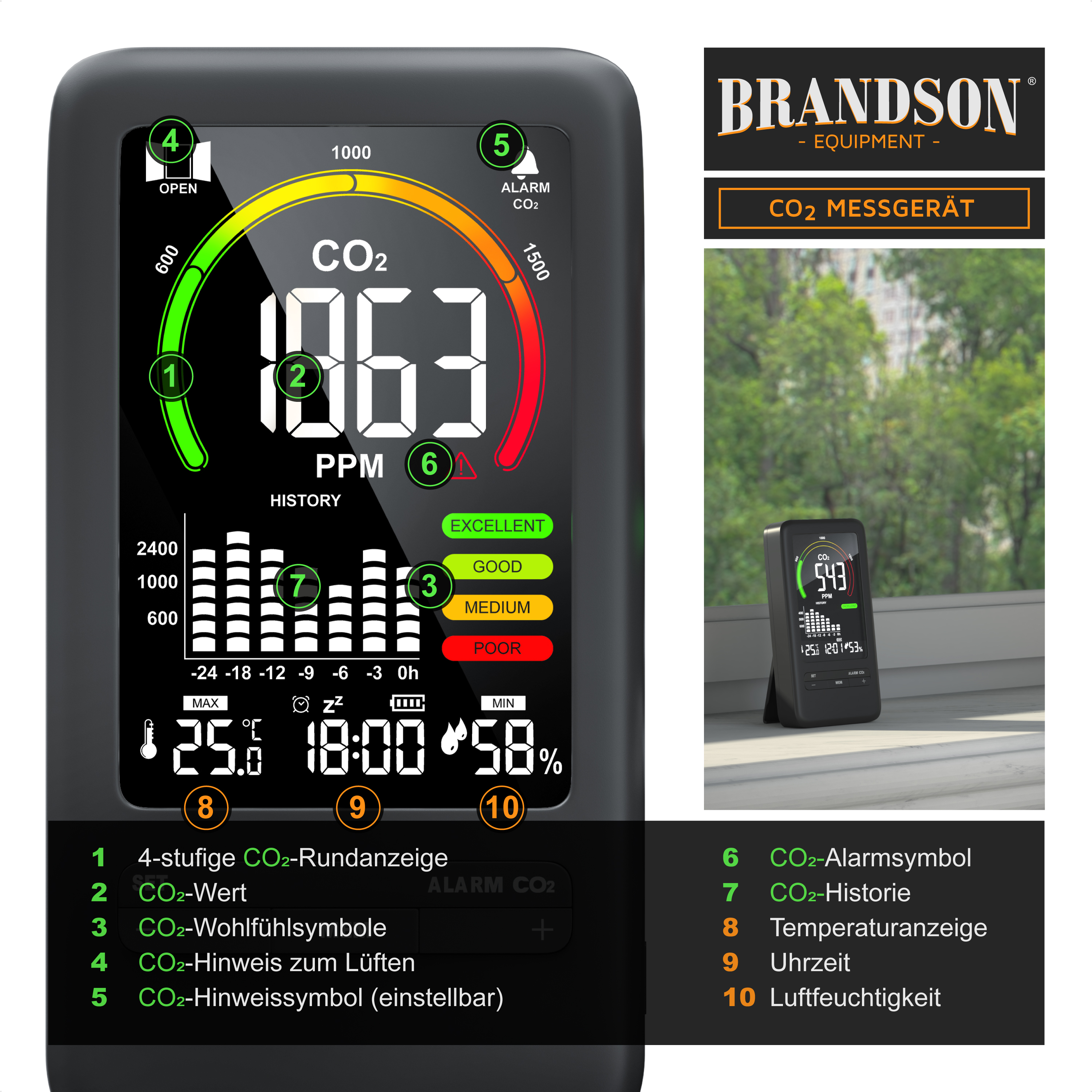 Brandson CO2-Messgerät mit großem Display zur Anzeige von CO2-Werten, Temperatur, Luftfeuchtigkeit und Alarmindikatoren, konzipiert für eine einfache Überwachung.