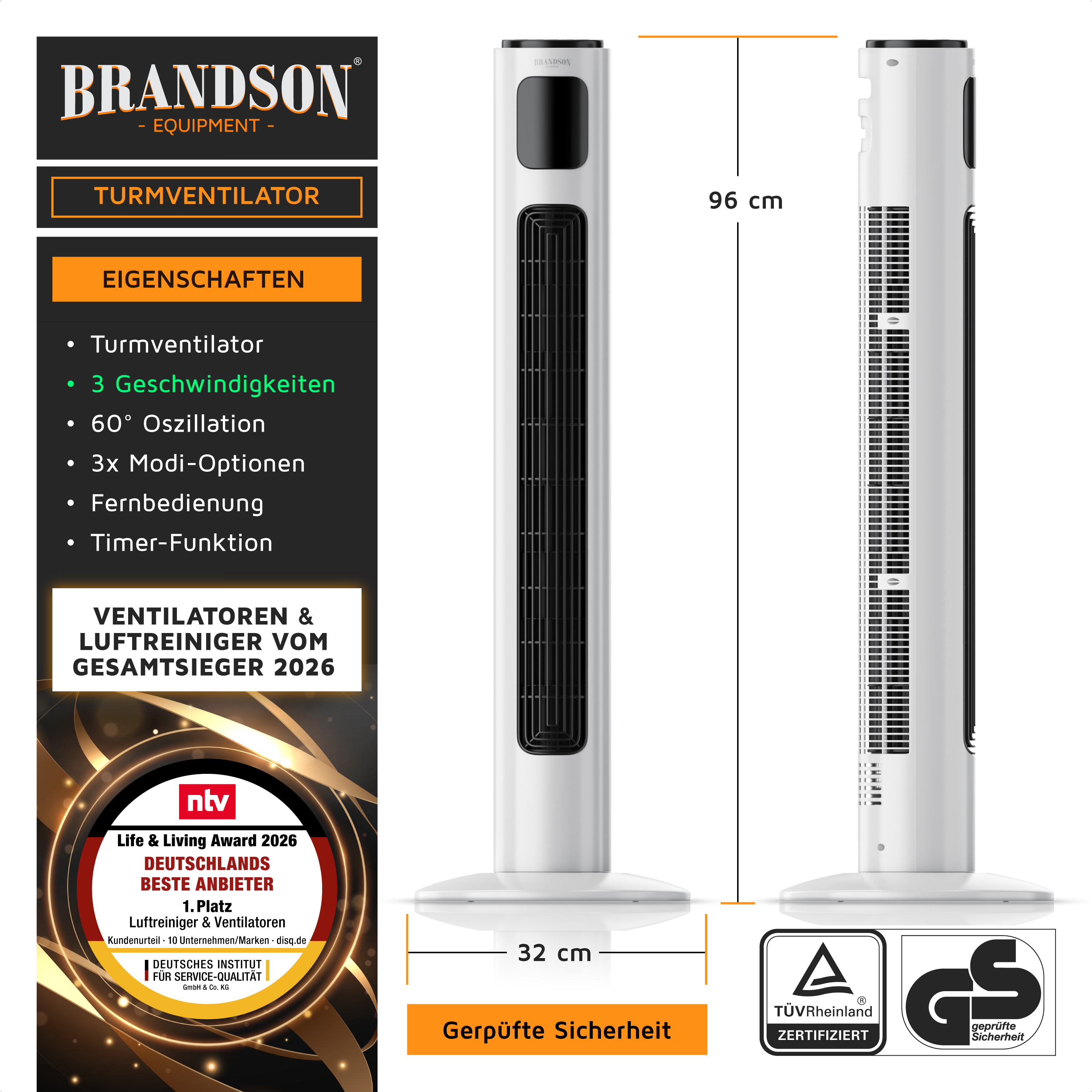 Brandson Turmventilator in Weiß mit 96 cm Höhe, 3 Geschwindigkeitsstufen, Fernbedienung und Timer-Funktion.