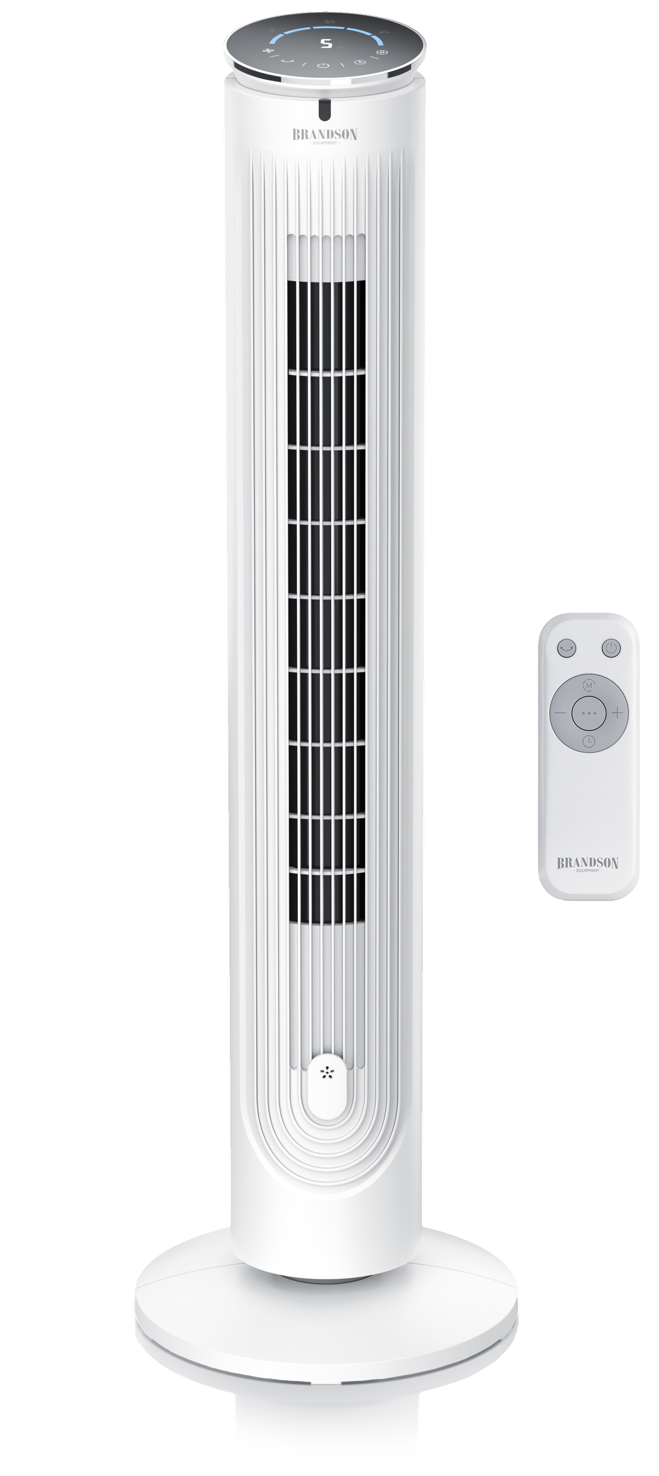 Brandson Turmventilator in Weiß mit Fernbedienung, schlanker Bauform und digitalem Bedienfeld für einfache Steuerung.