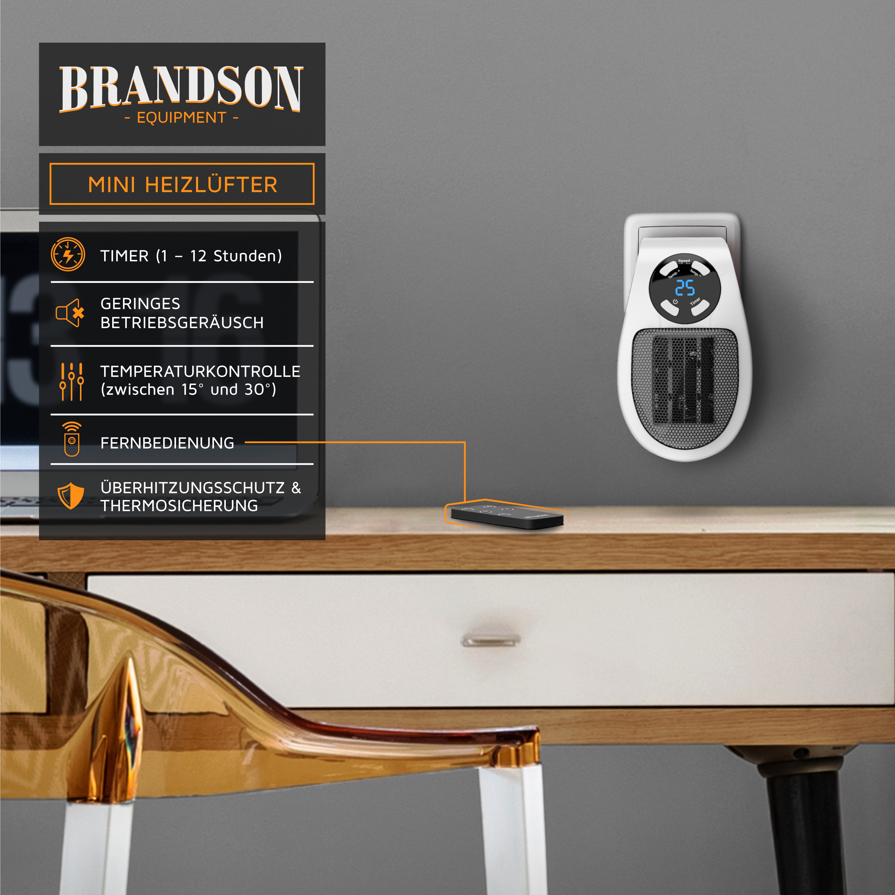 Brandson Mini Heizlüfter in Weiß mit digitalem Display, Fernbedienung und Temperaturkontrolle, montiert an einer Wand über einem Tisch.