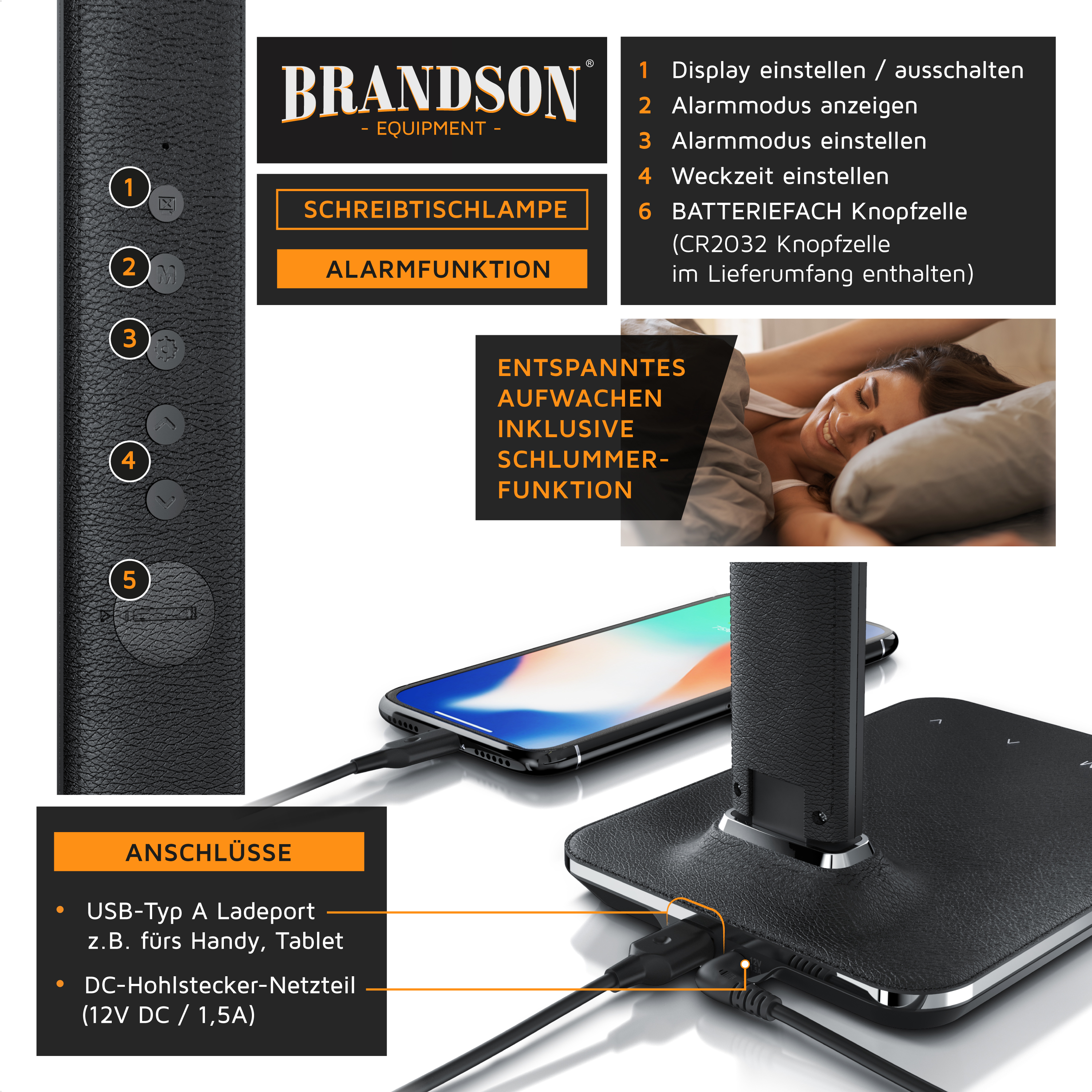 Brandson-Schreibtischlampe mit Alarmfunktion, elegantem schwarzem Design, Bedientasten und USB-Ladeanschluss für Geräte.