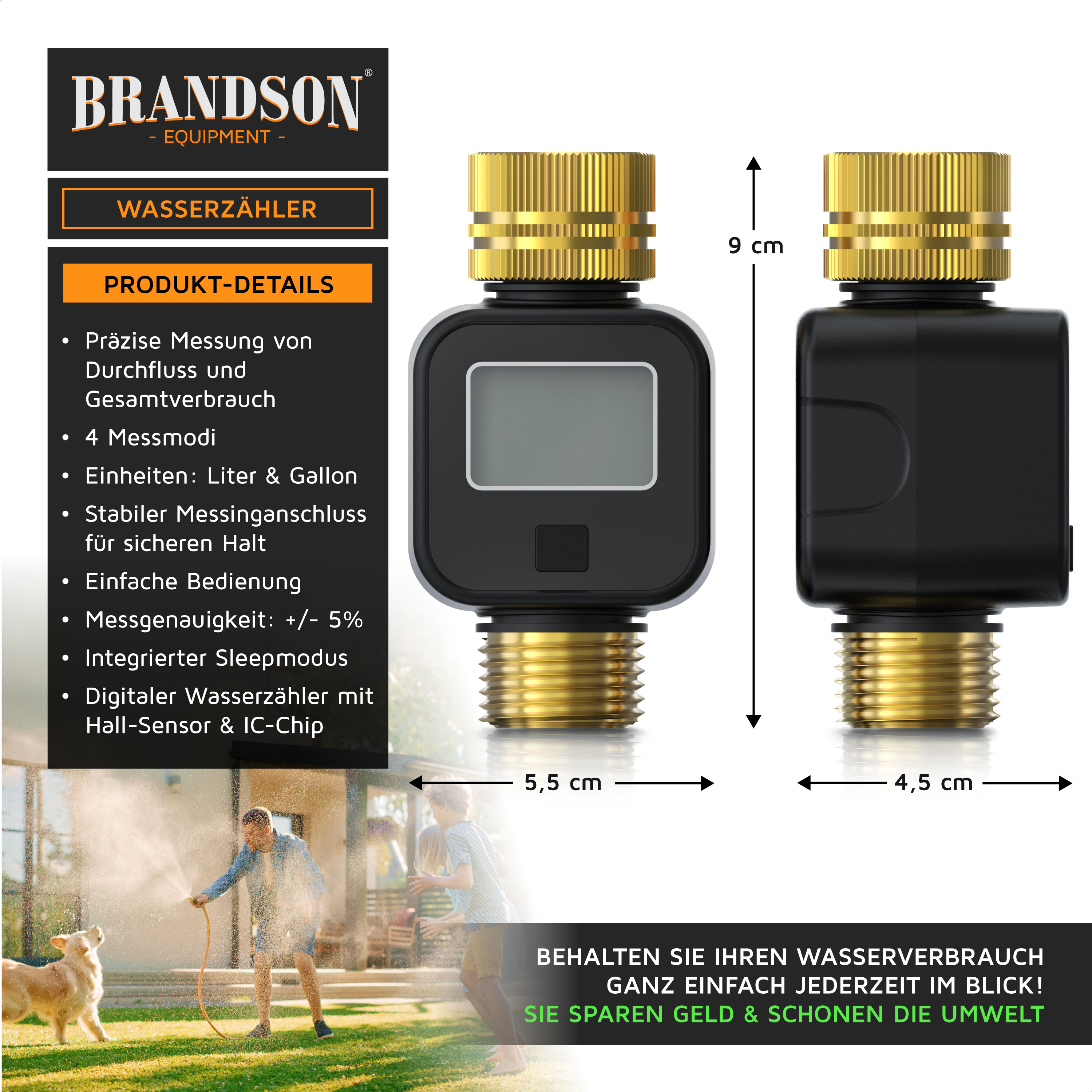 Brandson Wasserzähler mit digitalem Display, stabilem Messanschluss und kompaktem Design in Schwarz und Gold.