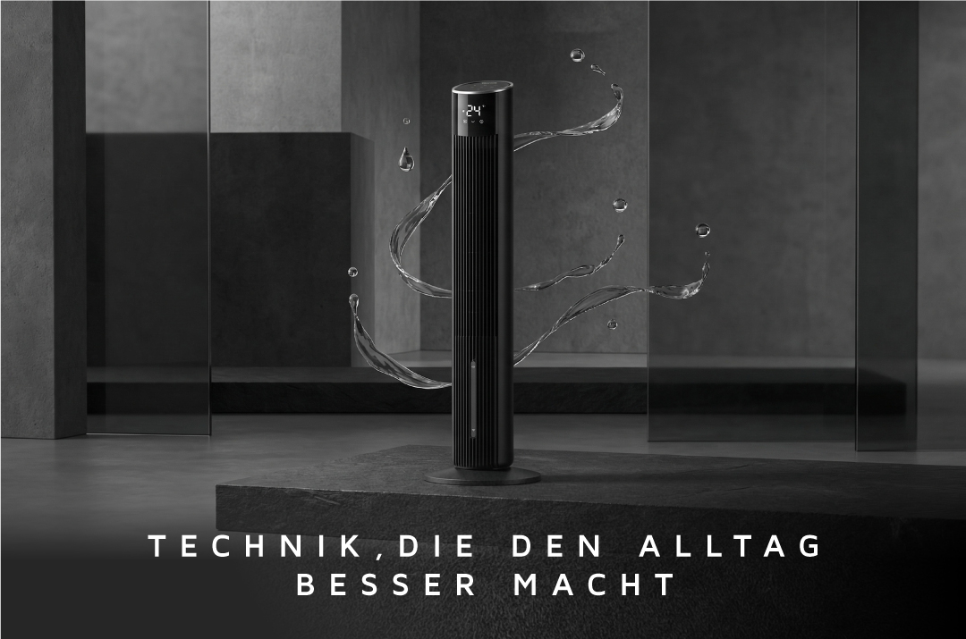 Brandson Turmventilator in elegantem schwarzem Design mit Digitalanzeige und moderner Ästhetik, platziert in einem stilvollen Innenbereich.