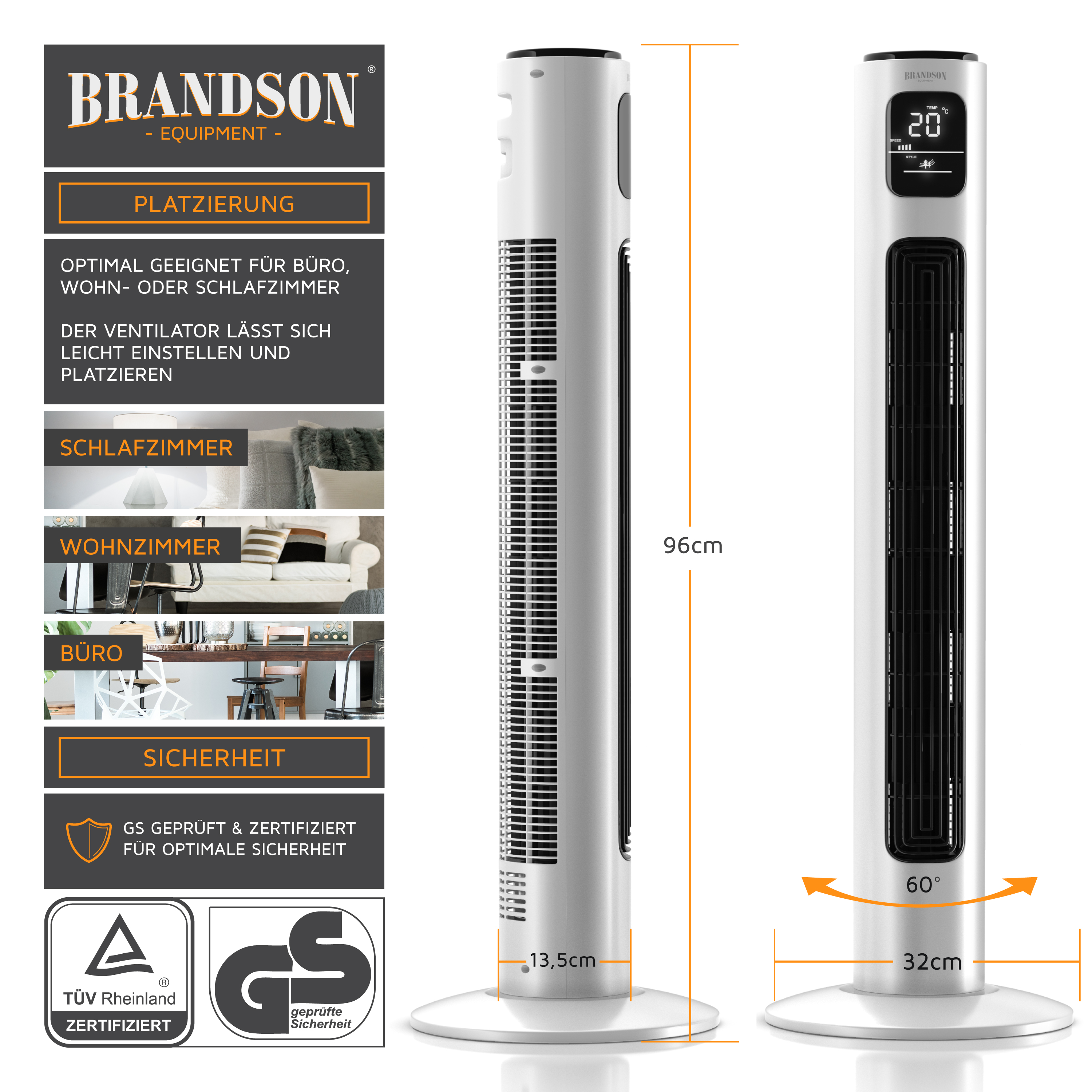 Turmventilator von Brandson mit elegantem weißem Design, Digitalanzeige und einstellbarer Höhe, geeignet für den Büro- oder Heimgebrauch.
