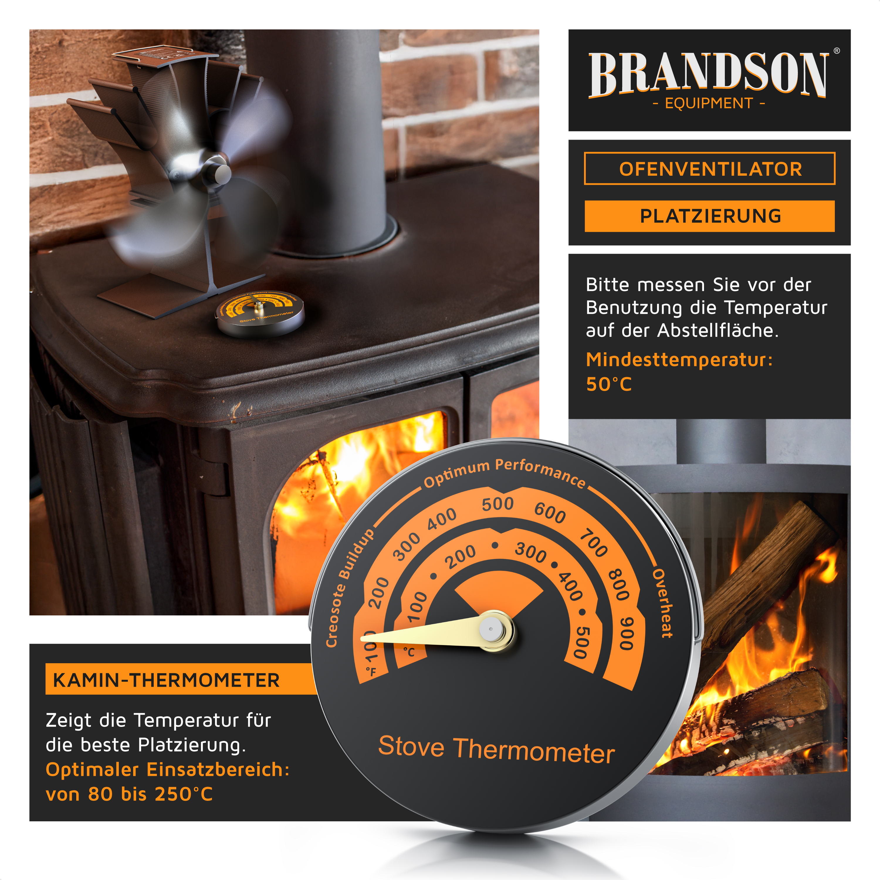 Brandson Ofenventilator mit beweglichen Flügeln, platziert auf einem Holzofen, zeigt die Temperaturanzeige für optimale Nutzung.