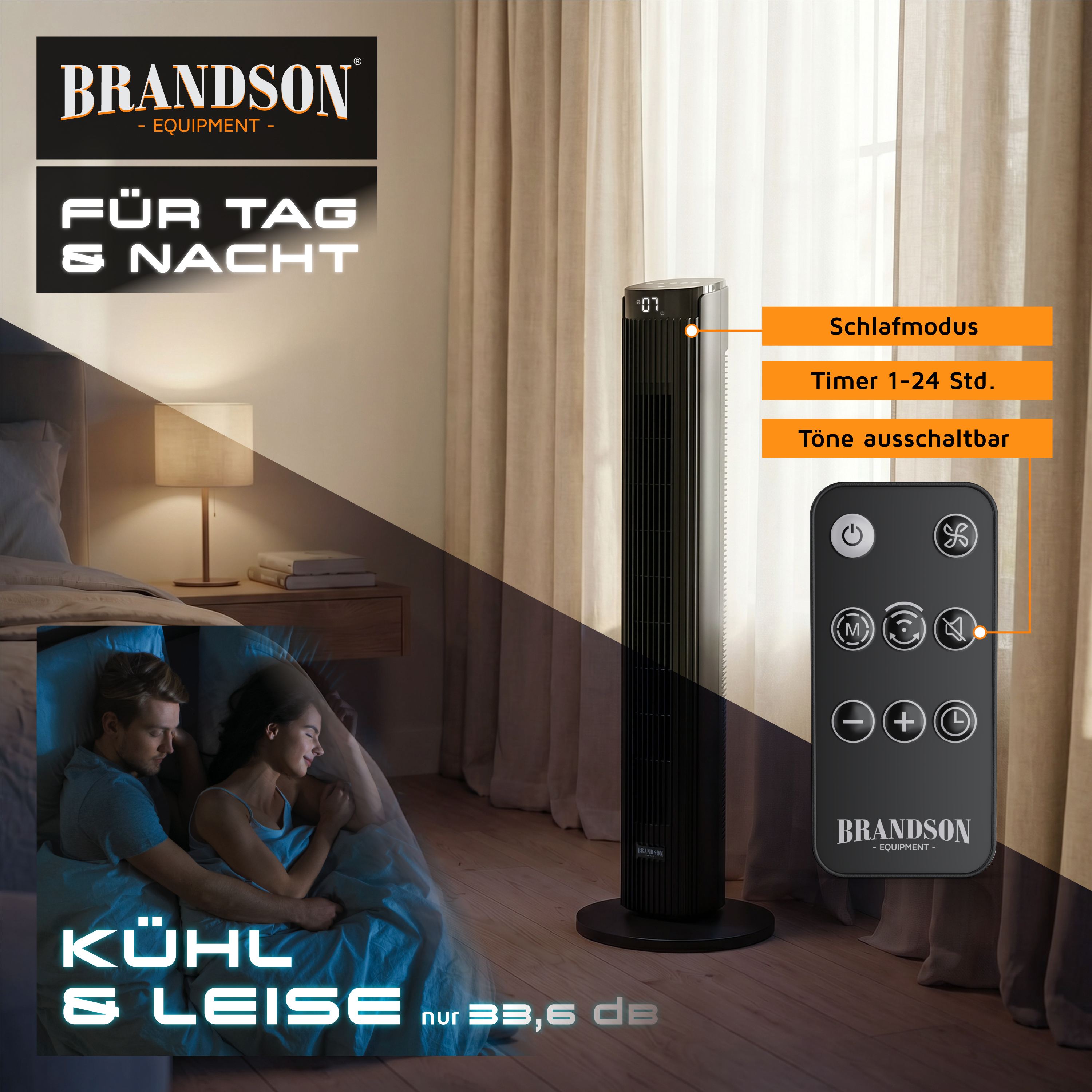 Brandson Turmventilator mit elegantem schwarzem Design, Fernbedienung und Display, positioniert in einer gemütlichen Schlafzimmerumgebung.