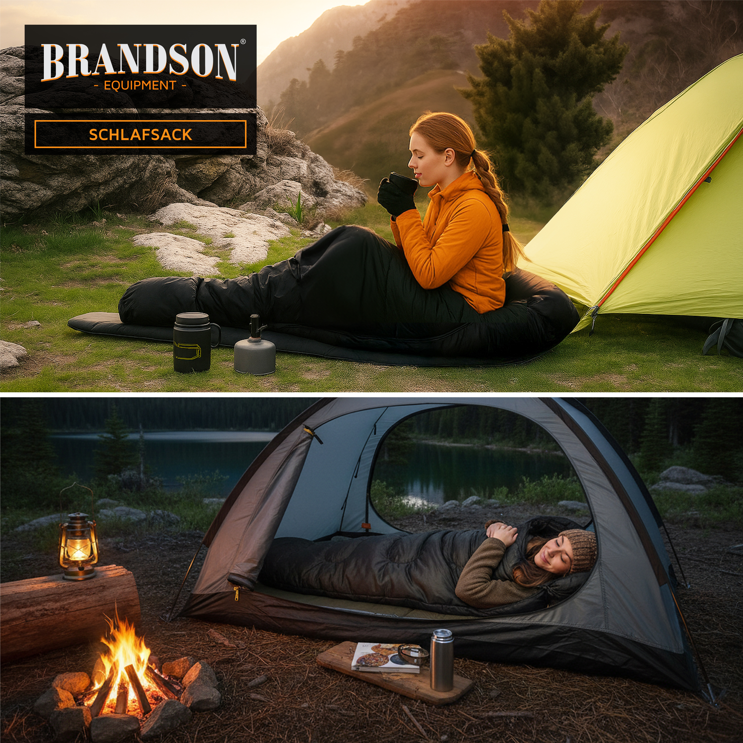 Brandson-Schlafsack in Schwarz, im Freien verwendet, mit einer sitzenden und trinkenden Frau und einer anderen Frau, die in einem Zelt schläft.