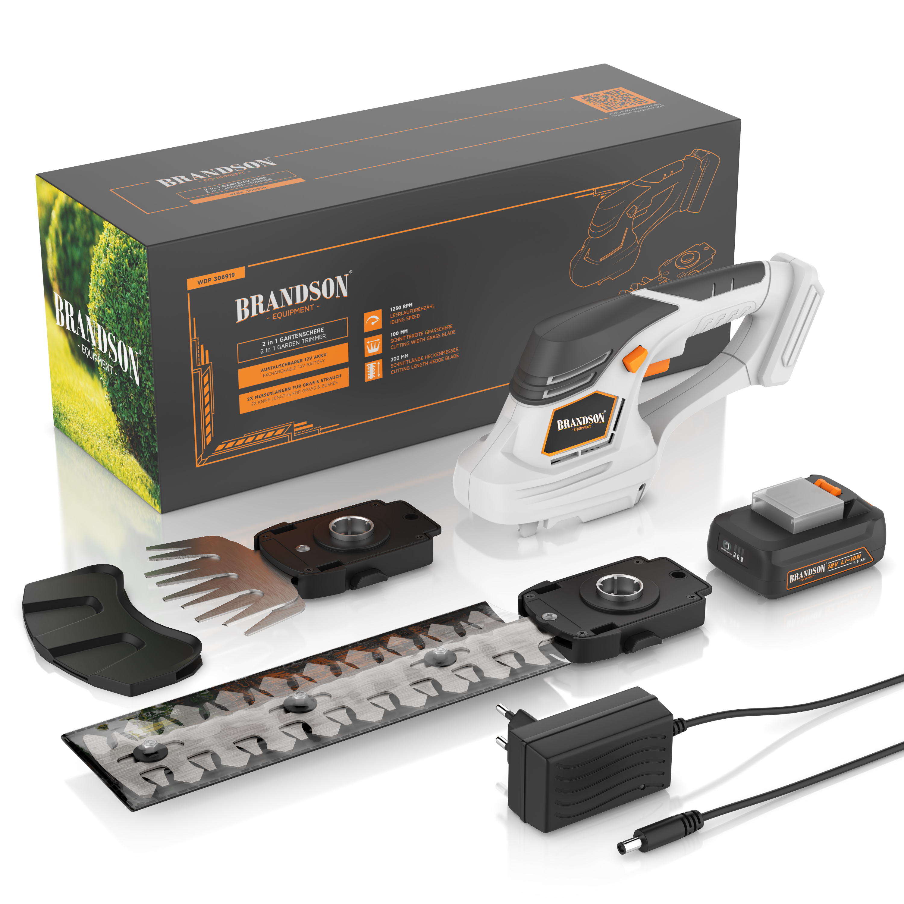 Brandson 2-in-1 Akku-Gartenwerkzeug in Weiß mit Zubehörteilen wie Klingen, Ladegerät und Akku, verpackt in einer stabilen Box.