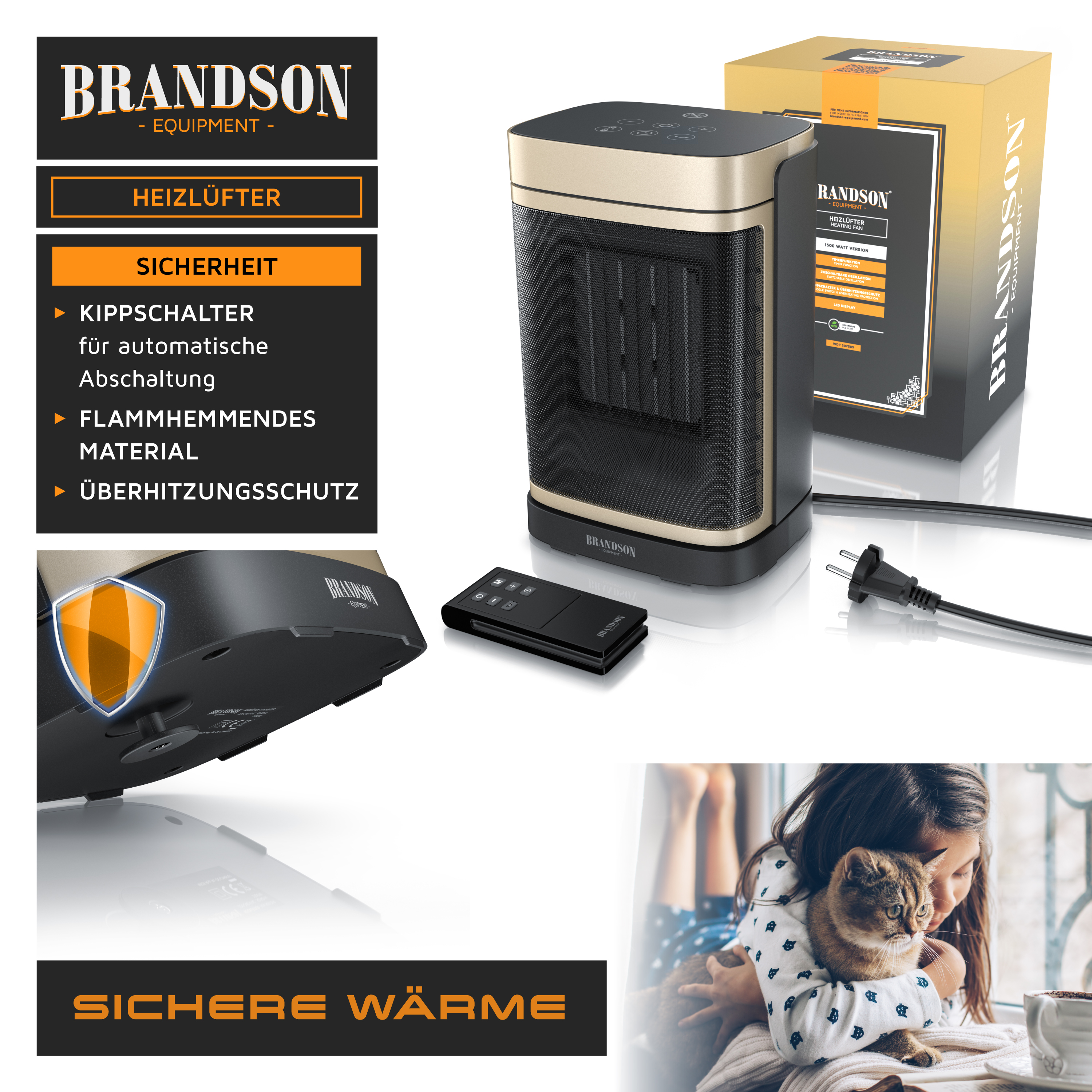 Brandson Heizlüfter in Schwarz und Gold mit Bedienfeld, Fernbedienung und sicherem Überhitzungsschutz, ideal für gemütliche Räume.