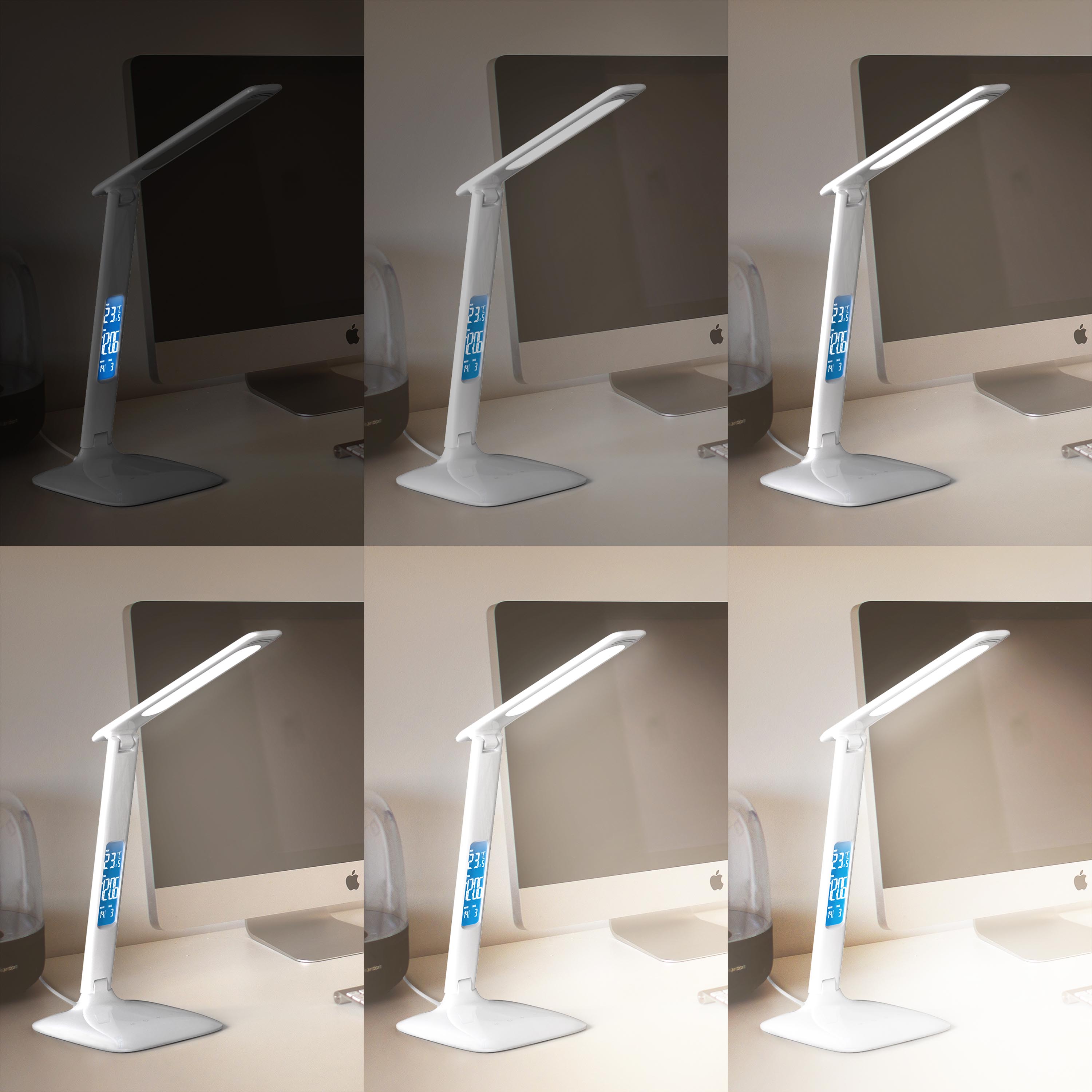 Brandson LED-Schreibtischlampe in Weiß mit digitalem Display und flexiblem Arm auf einem Schreibtisch.
