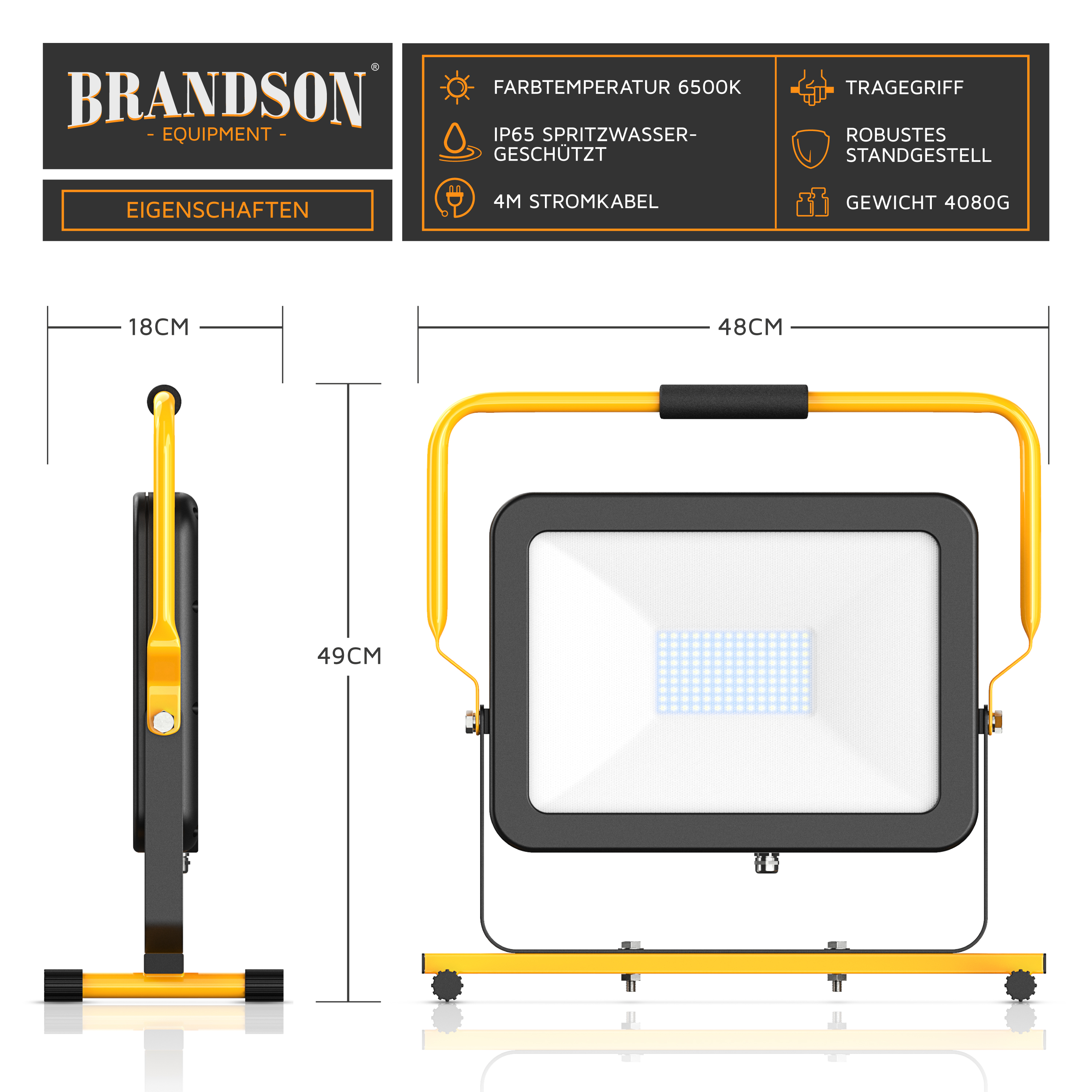 Brandson Arbeitsleuchte mit robustem Standgestell, gelbem Tragegriff und IP65 spritzwassergeschütztem Gehäuse, ideal für den Einsatz im Freien.