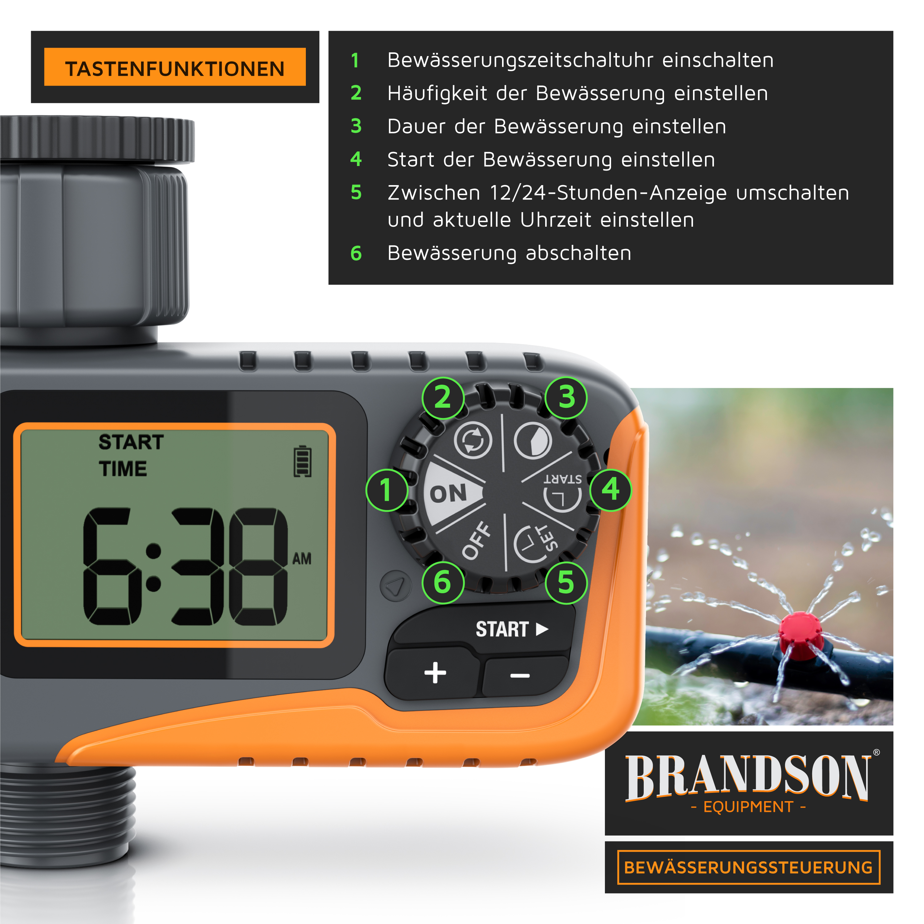 Brandson Bewässerungssteuerung mit digitalem Display, orangefarbenem Bedienfeld und Einstellknopf für Bewässerungszeiten.