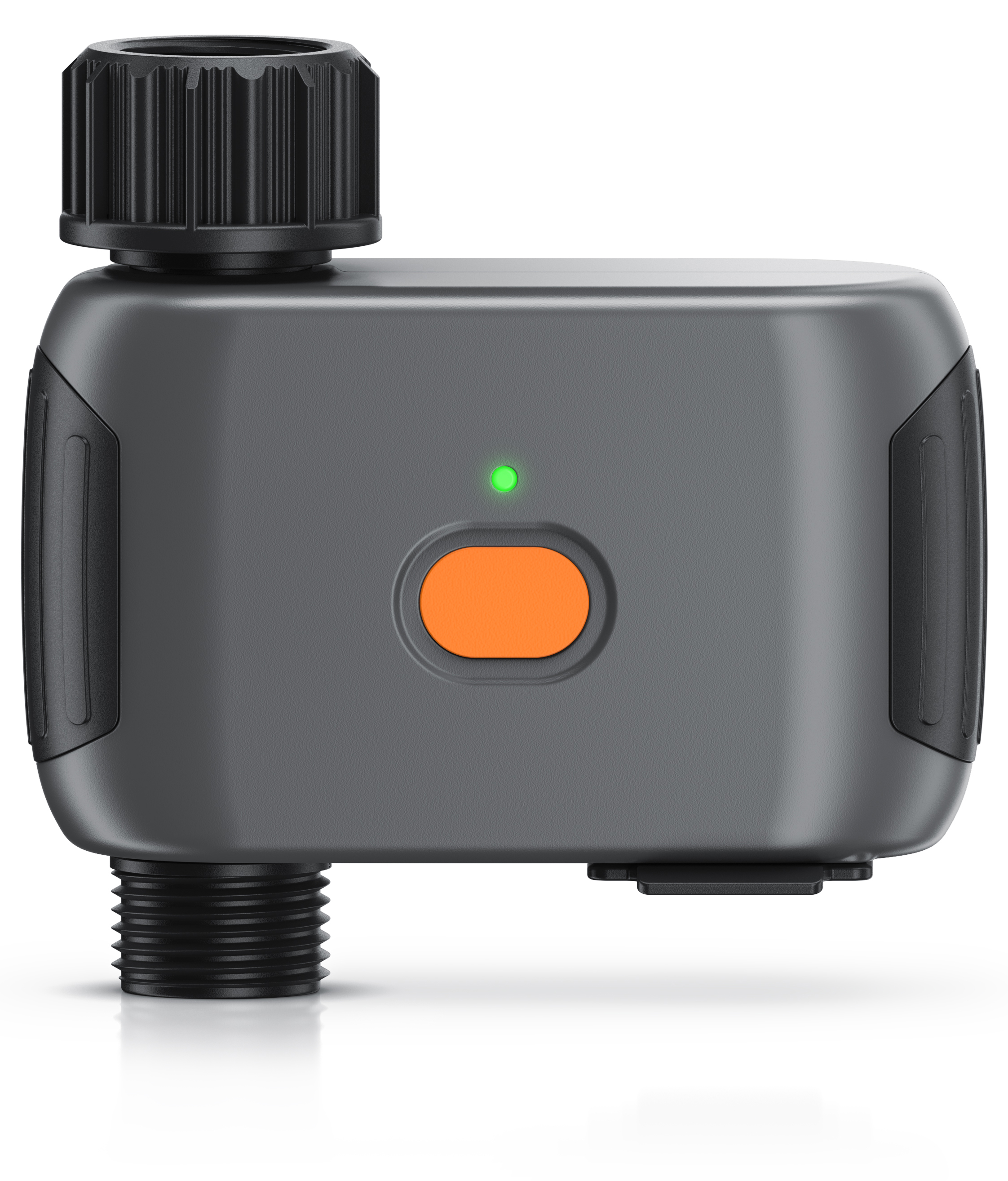 Brandson Wasserpumpe in Grau mit orangefarbenem Knopf und grünem LED-Licht, ideal für Gartenbewässerung.