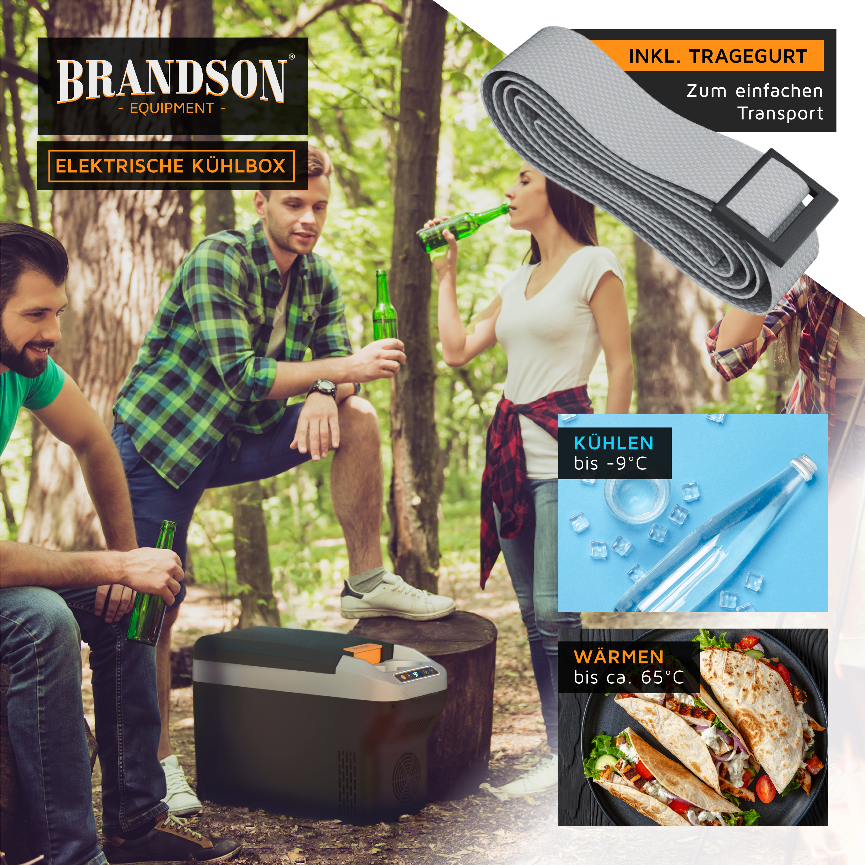 Brandson elektrische Kühlbox in einem Wald, mit Tragegurt, ideal für Picknicks, zeigt Getränke und Snacks.