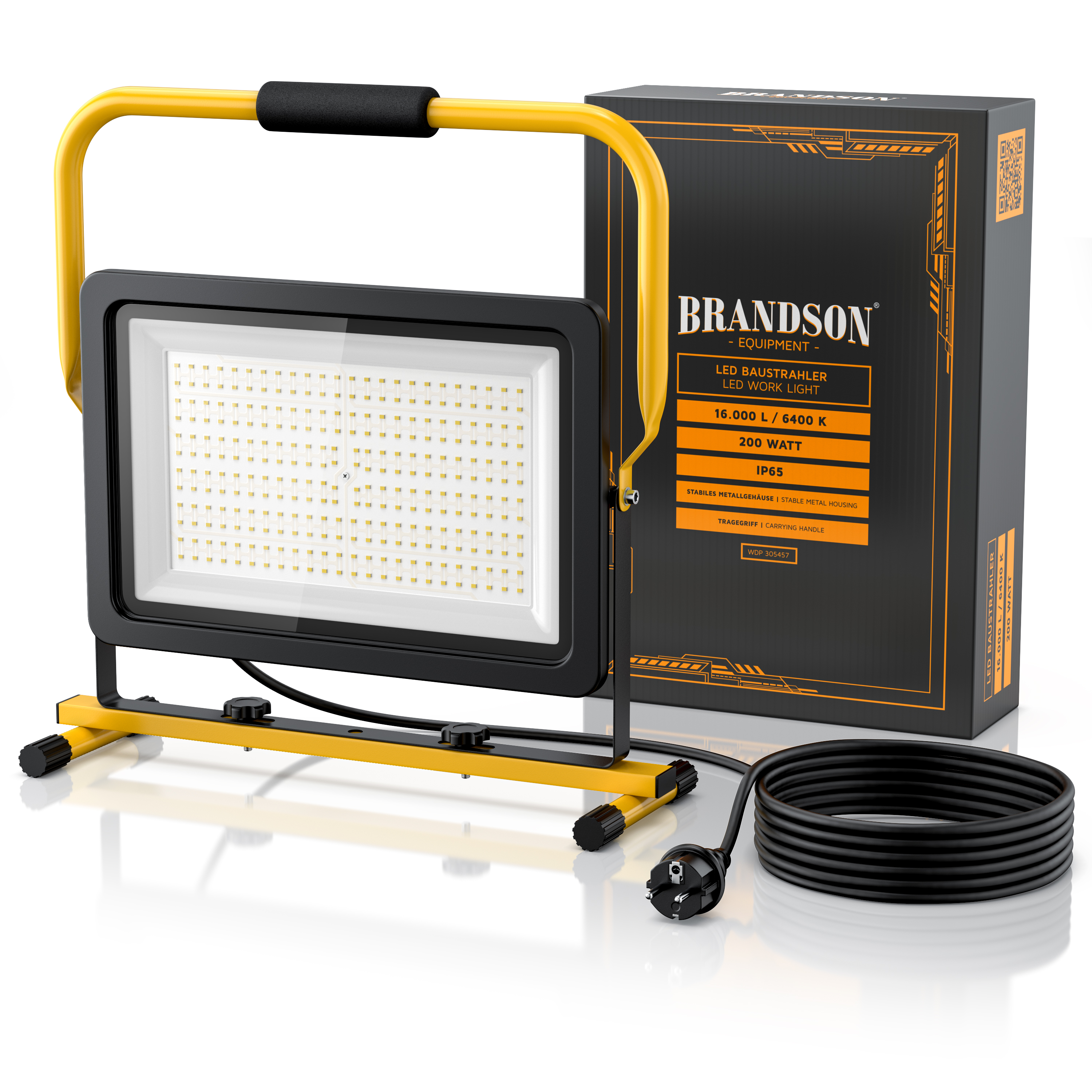 Brandson LED-Arbeitsleuchte mit stabilem schwarz-gelbem Rahmen, großem rechteckigem Lichtpaneel und Tragegriff, verpackt in einer Markenbox.