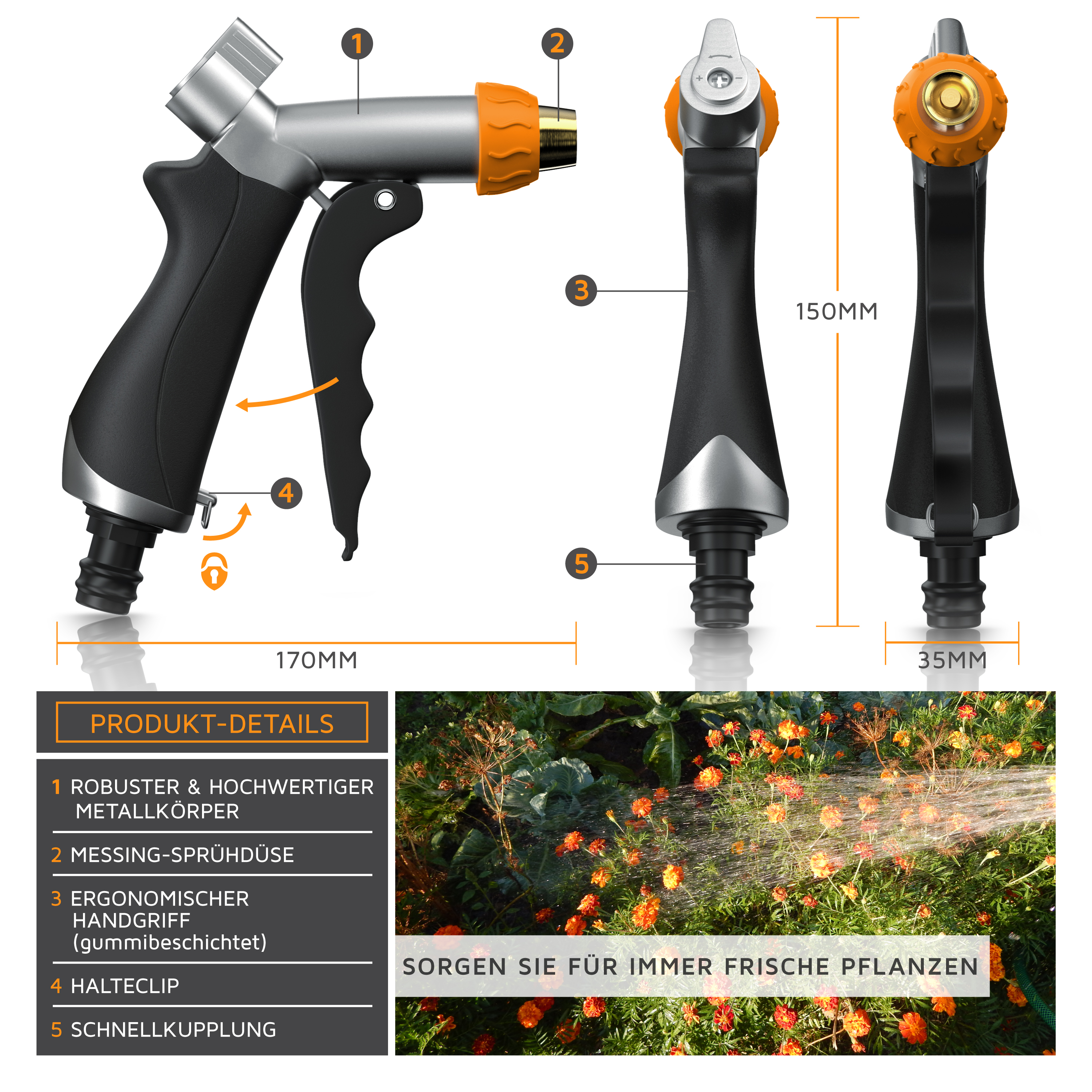 Brandson Sprühkopf mit ergonomischem Handgriff, robustem Metallkörper und Schnellkupplung für einfache Gartenbewässerung.