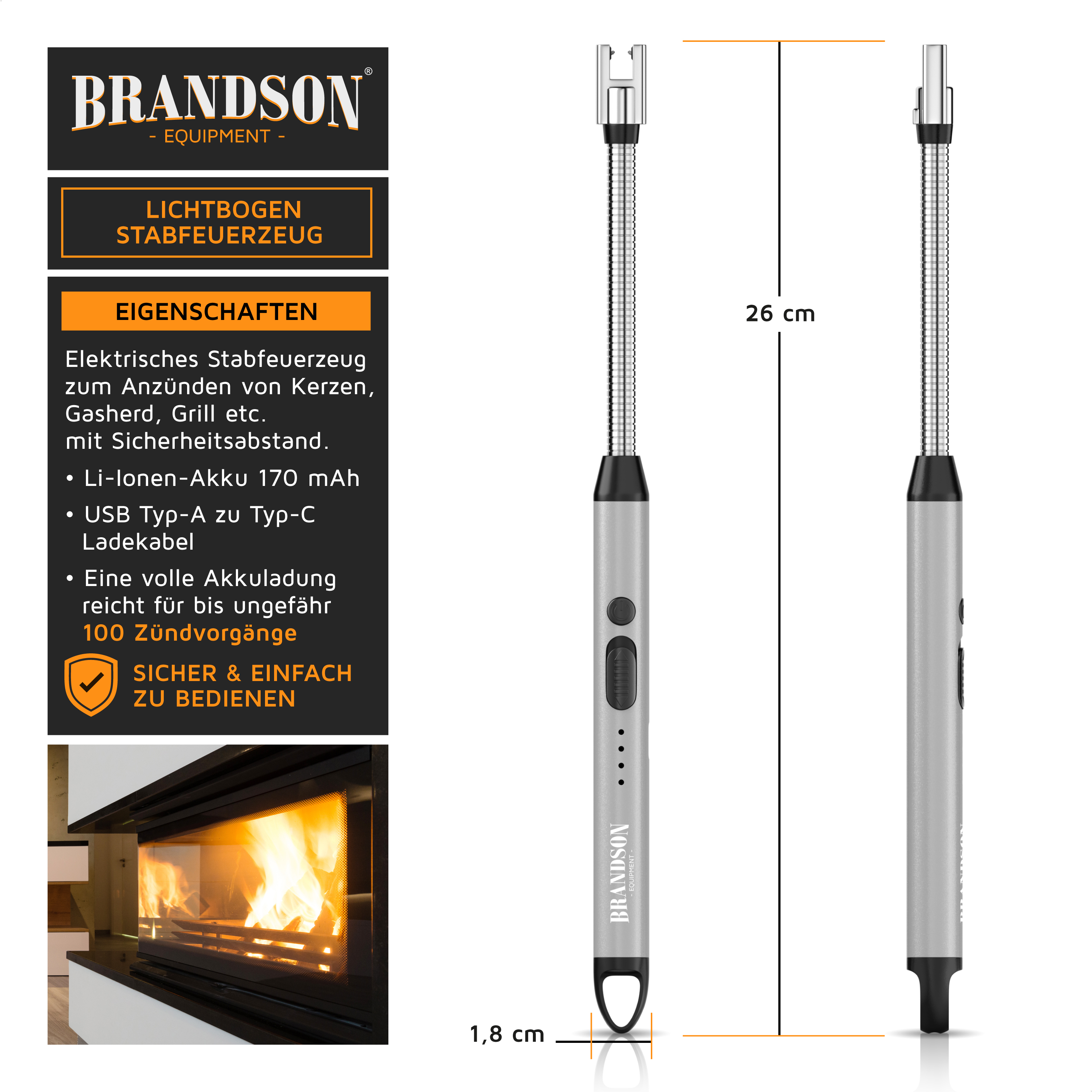 Brandson Lichtbogen-Stabfeuerzeug in Silber mit flexiblem Hals, USB-C-Ladeanschluss und Sicherheitsabstand für sicheres Anzünden.