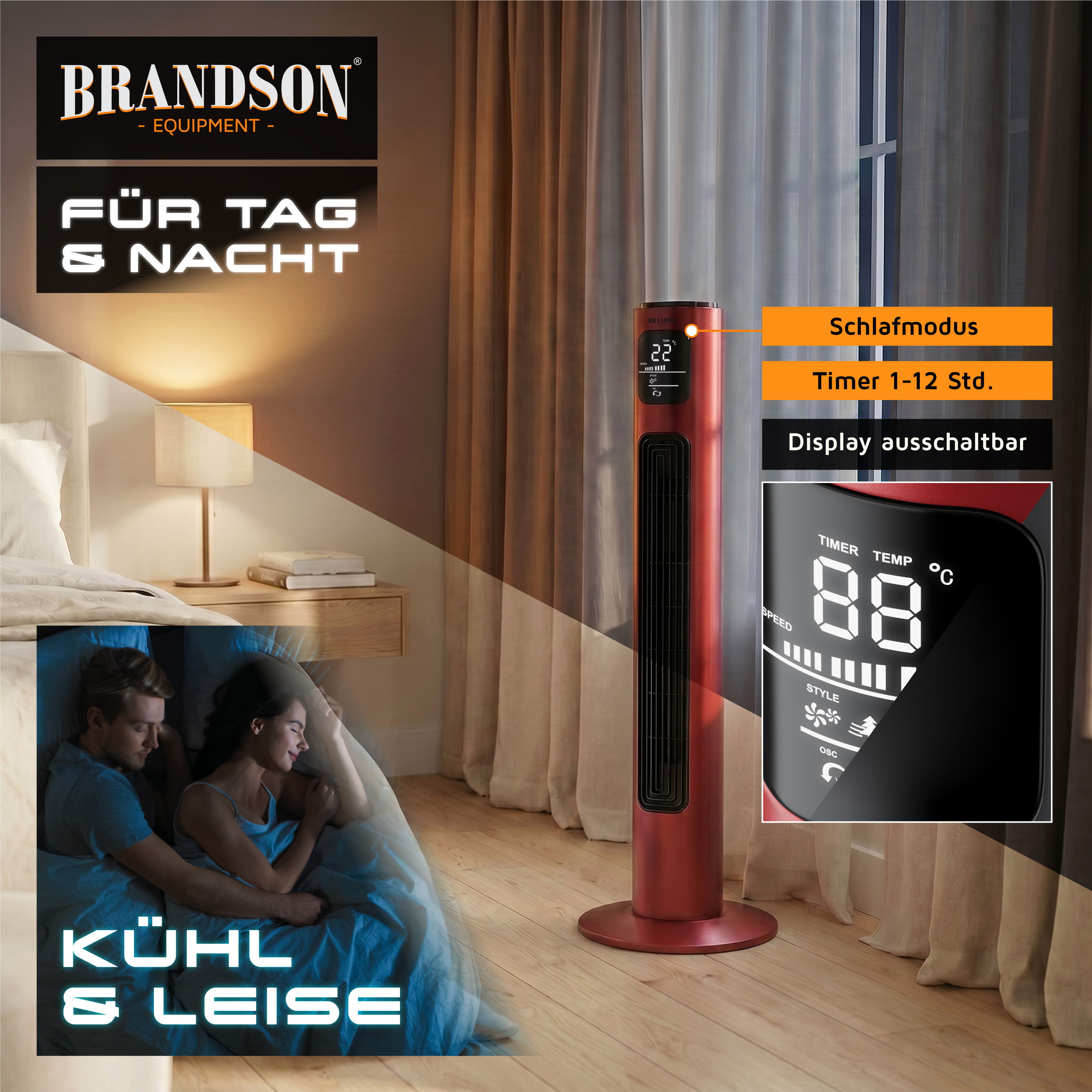 Brandson Turmventilator in roter Farbe mit Digitalanzeige, Timerfunktion und elegantem Design, platziert in einem gemütlichen Schlafzimmerambiente.