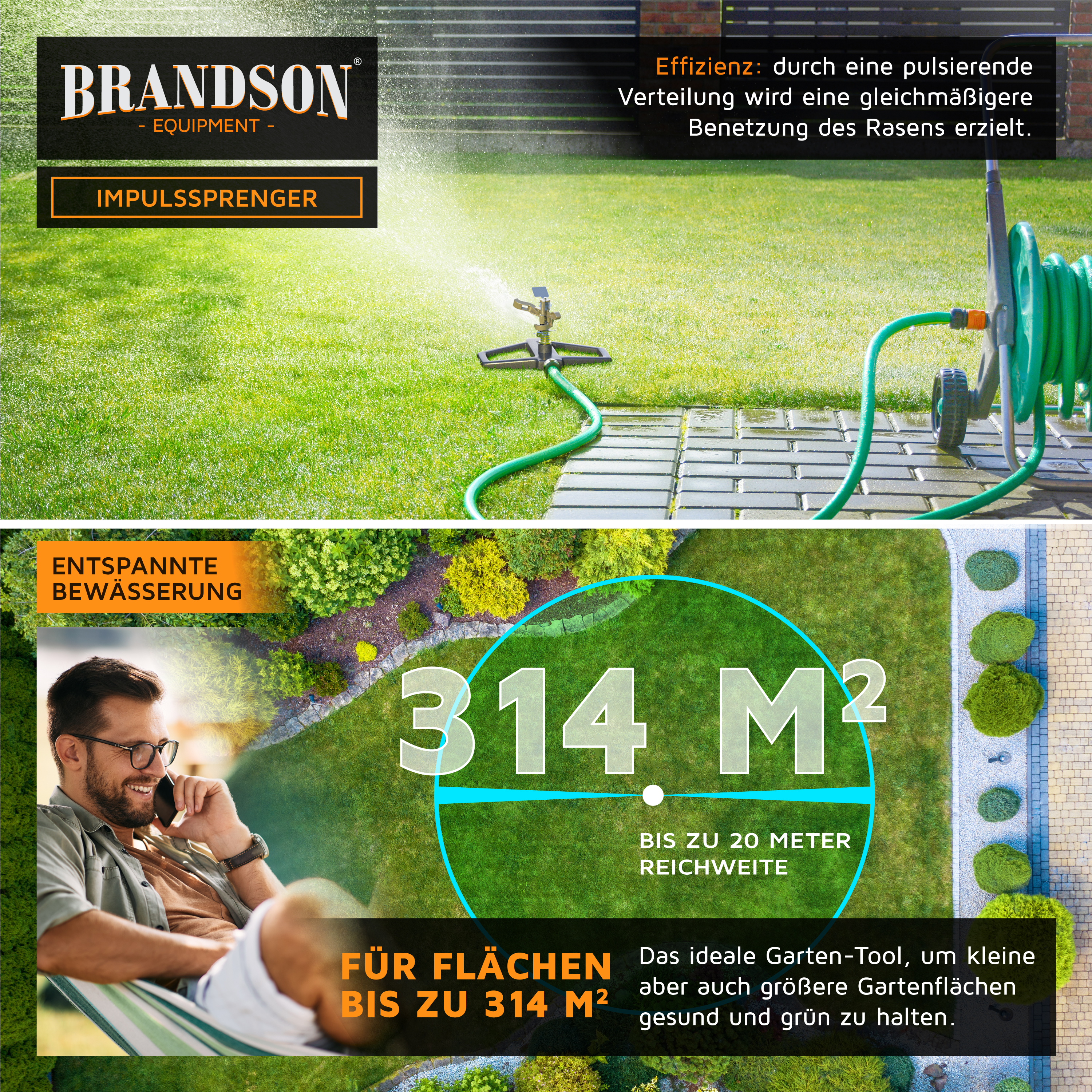 Brandson Impulsregner mit grünem Schlauch auf Rasenfläche, zeigt gleichmäßige Bewässerung für Flächen bis 314 m².