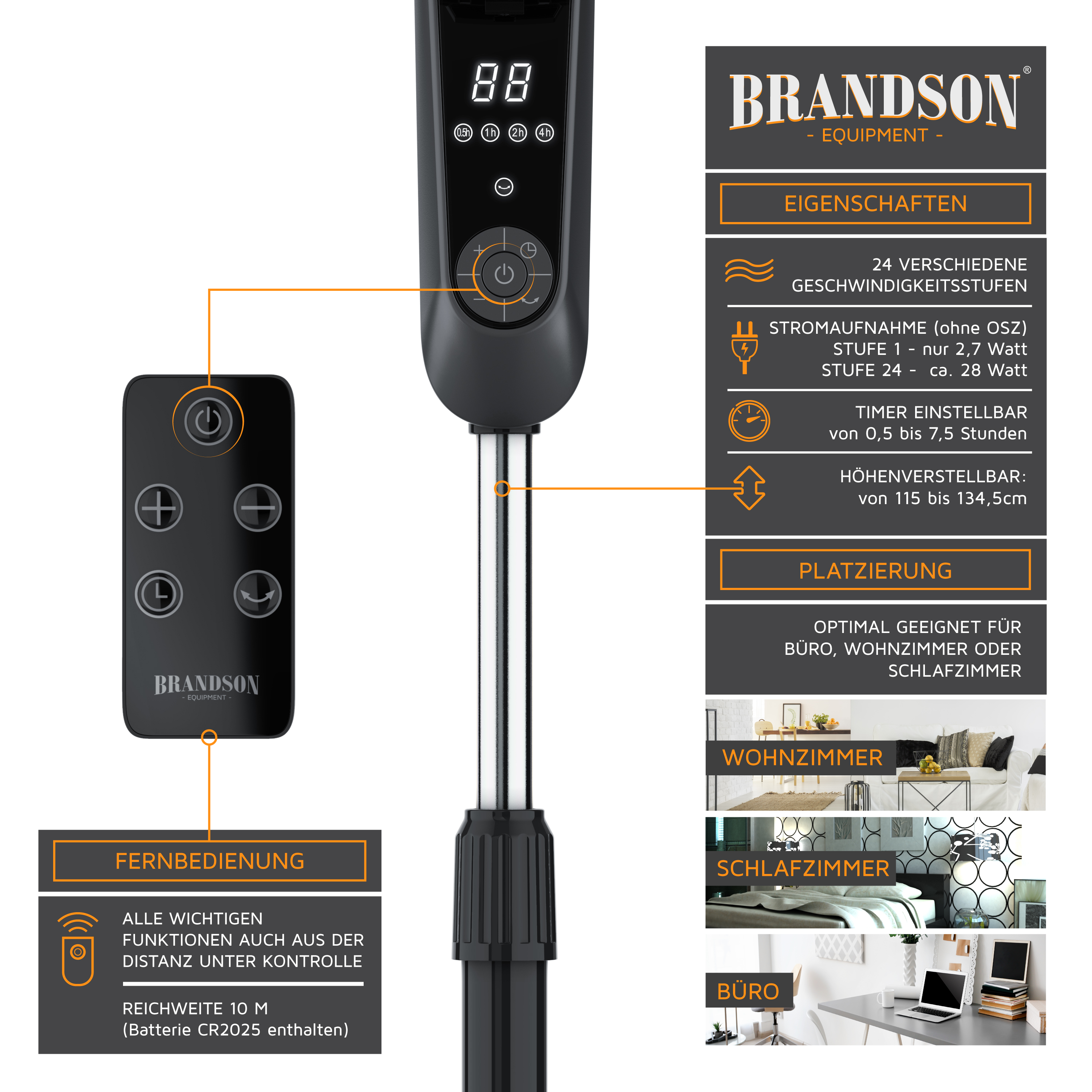 Turmventilator von Brandson mit elegantem schwarzem Design, Digitalanzeige, Fernbedienung und einstellbarer Höhe für optimale Kühlung in verschiedenen Umgebungen.