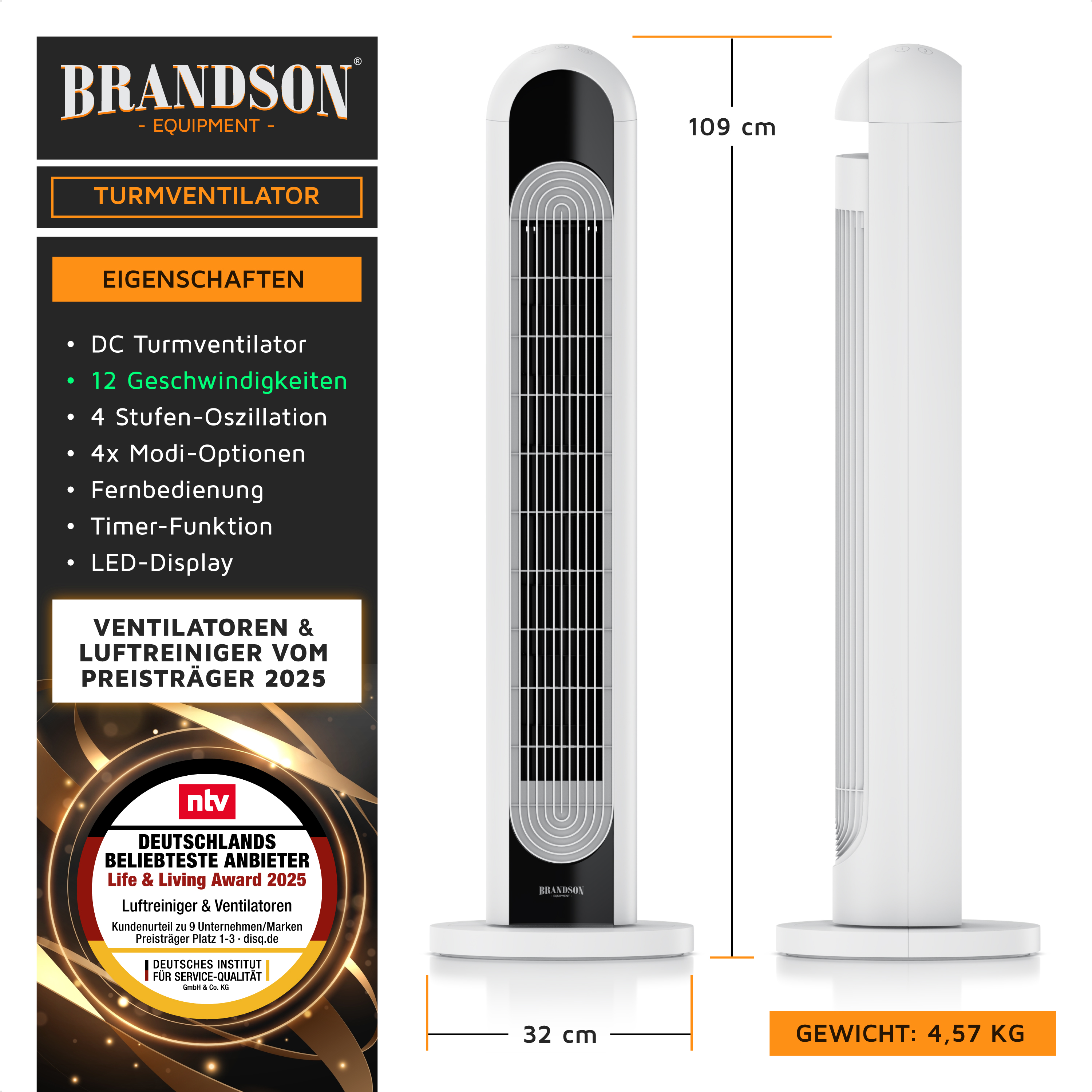 Brandson Turmventilator in Weiß mit schwarzem oberen Teil, LED-Display, Fernbedienung und stabiler Standbasis.