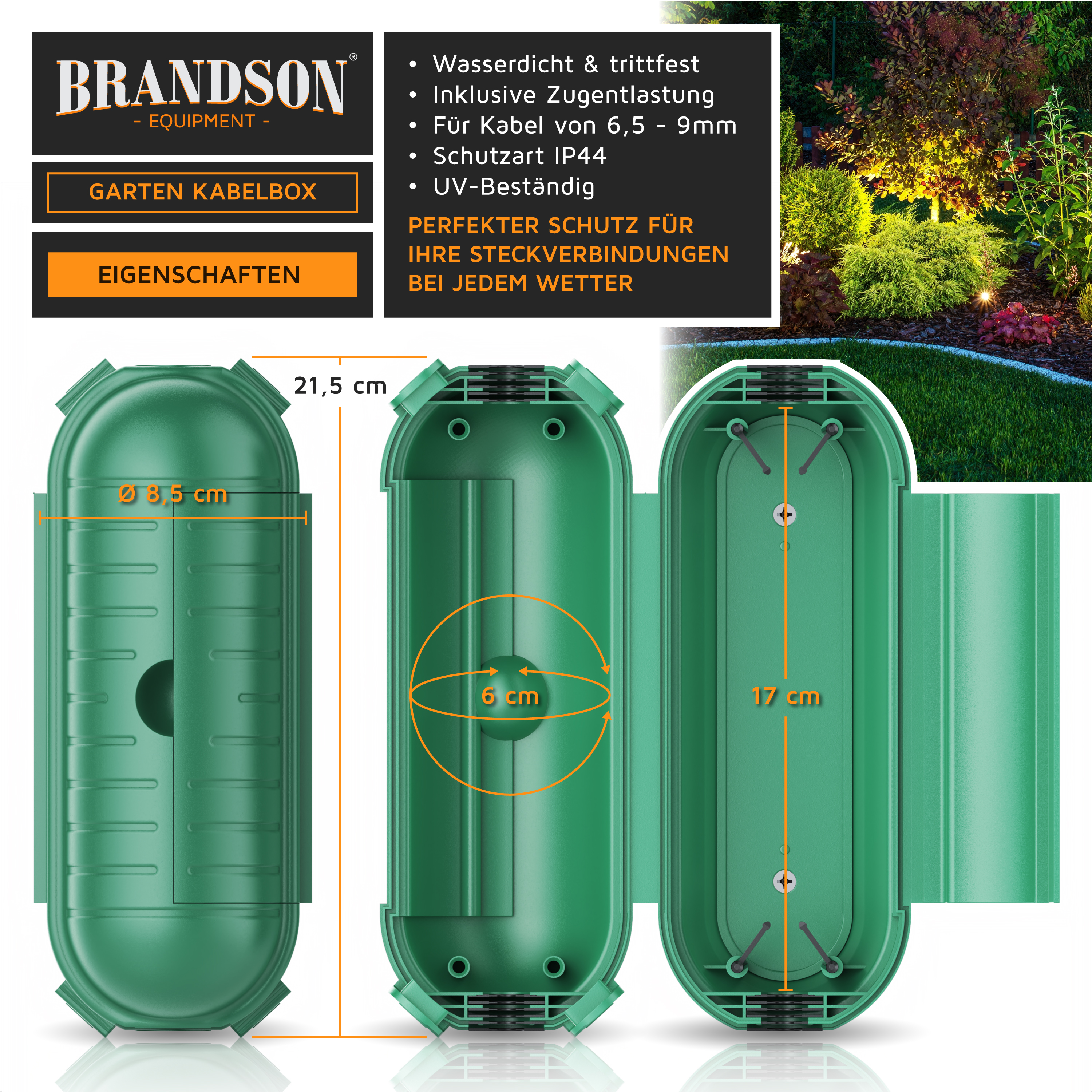 Brandson Garten Kabelbox in grün, wasserdicht und trittfest, geeignet für Kabel von 6,5 bis 9 mm, mit UV-Beständigkeit.