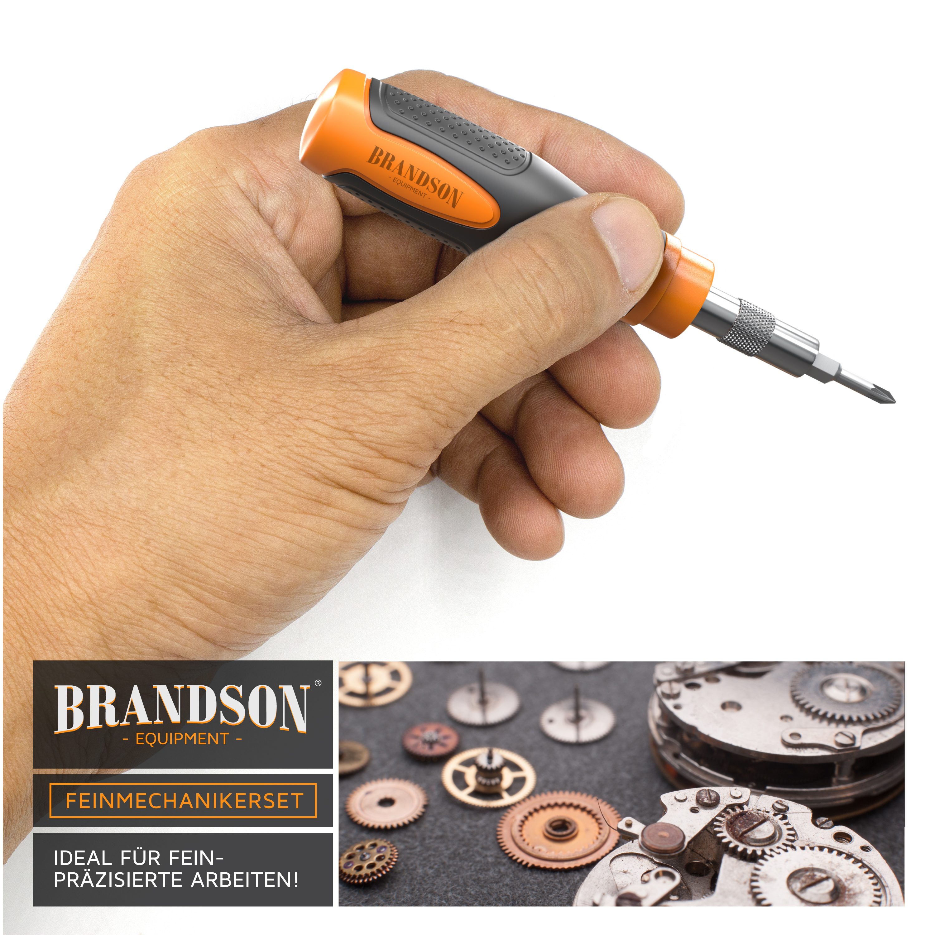 Feinmechaniker-Set von Brandson mit einer Hand, die einen Schraubenzieher hält, mit orange-grauem Griff, ideal für Präzisionsarbeiten.