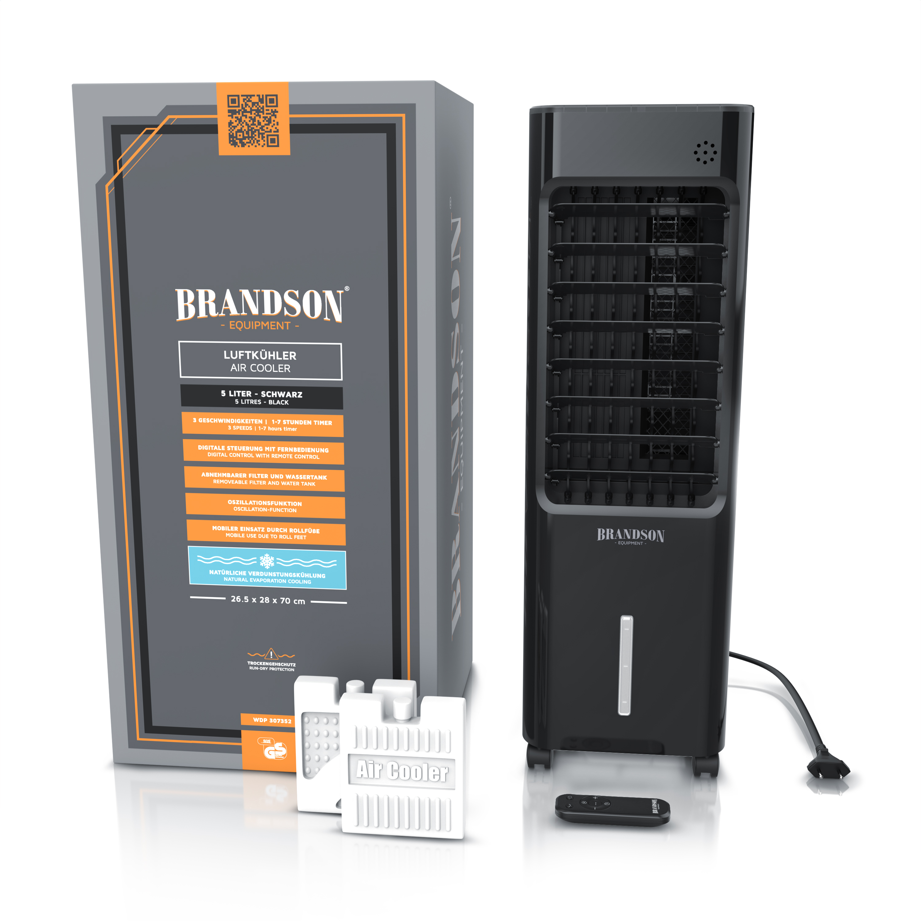 Brandson-Luftkühler in Schwarz mit elegantem Turmdesign, Fernbedienung und mitgelieferten Kühlakkus, verpackt in einer Markenbox.