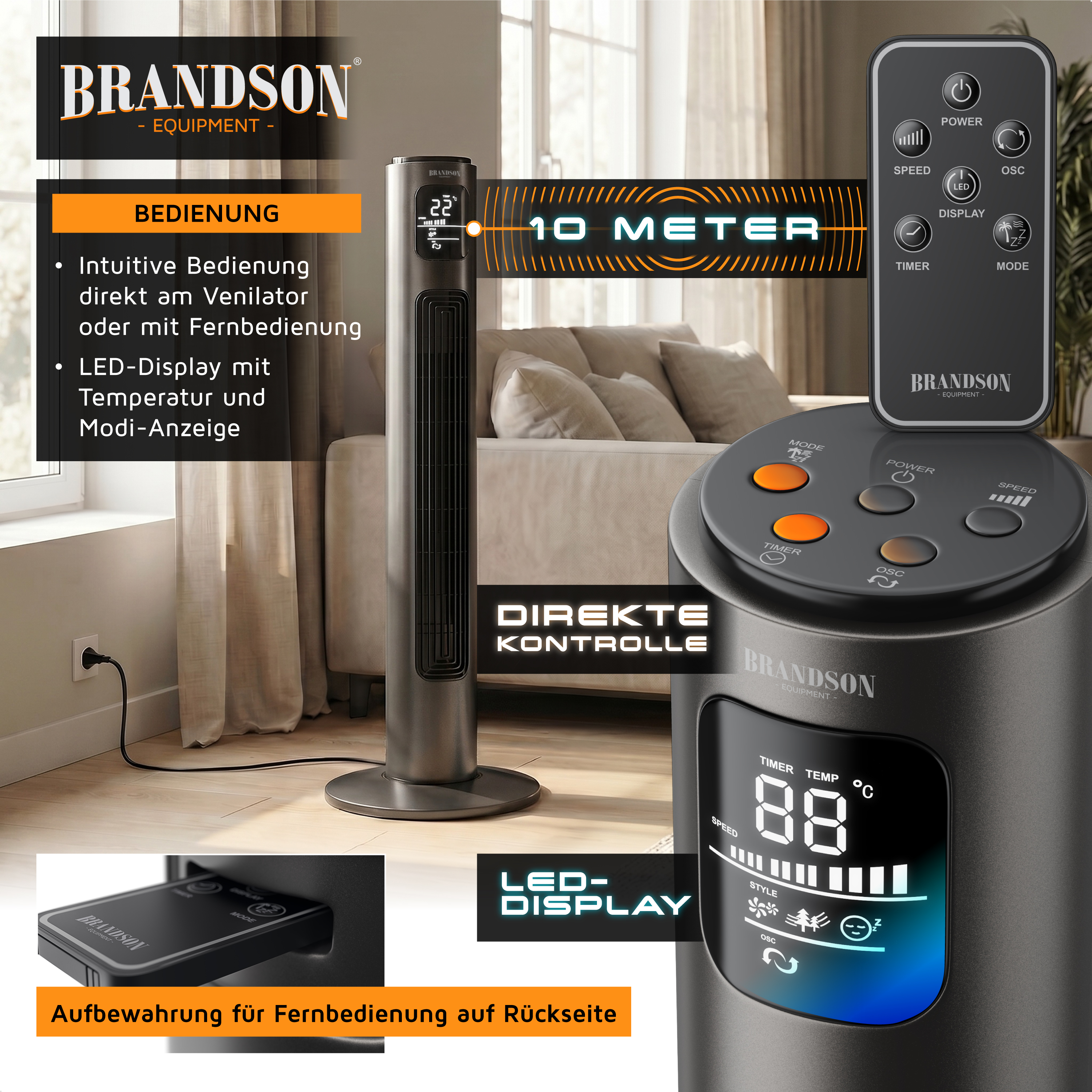 Turmventilator von Brandson mit schlankem Design, LED-Display zur Anzeige von Temperatur und Modi, Fernbedienung und intuitiver Bedienung.