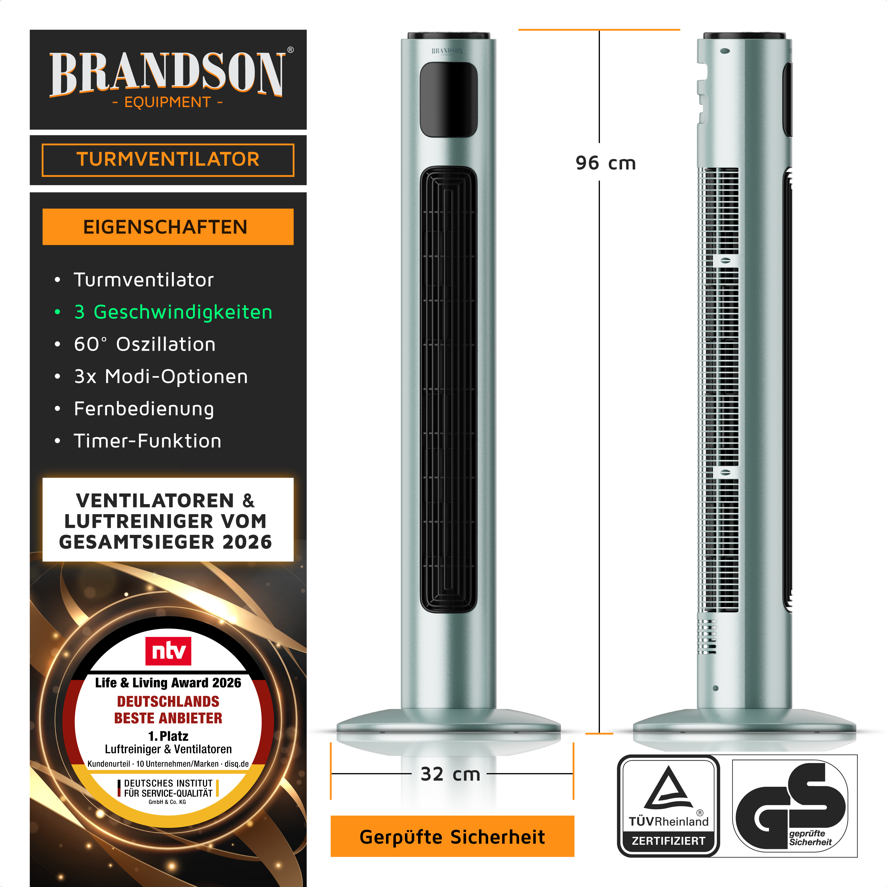 Brandson Turmventilator in silberner Farbe mit schmalem Design, Fernbedienung und Timer-Funktion, ideal für die Kühlung in Wohnräumen.
